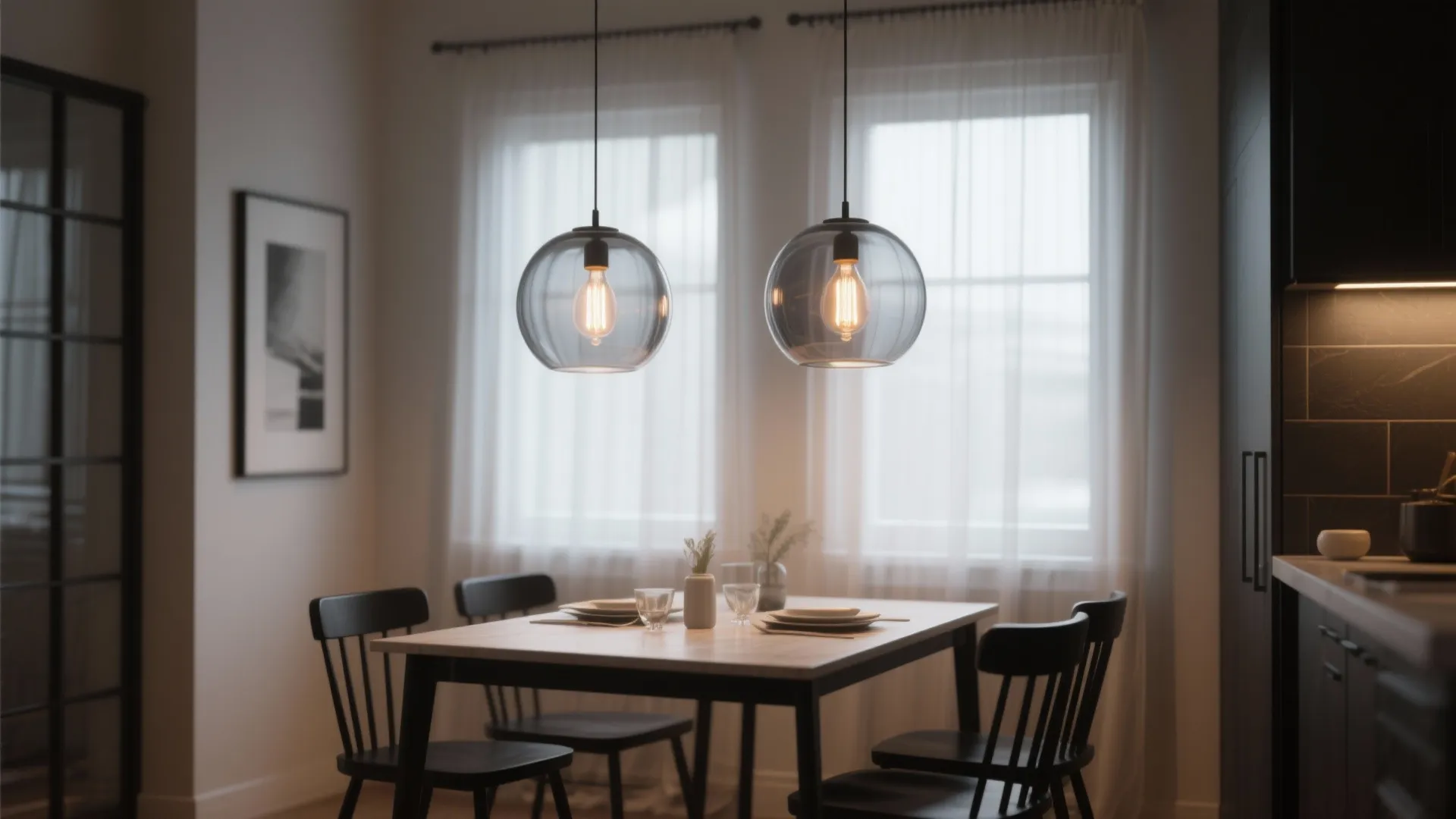 5) Clear or smoked glass pendants for airy minimalism