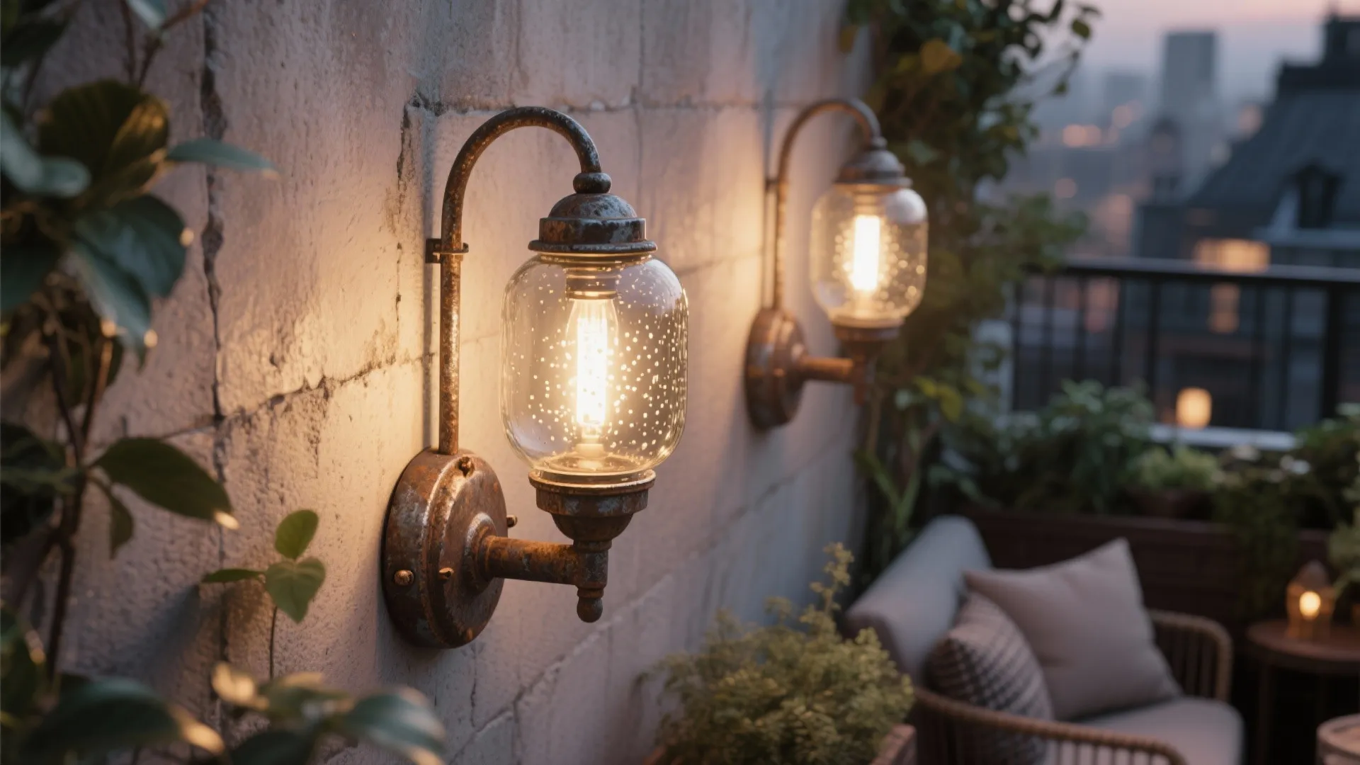 3. Rustic metal wall sconces with smoked glass