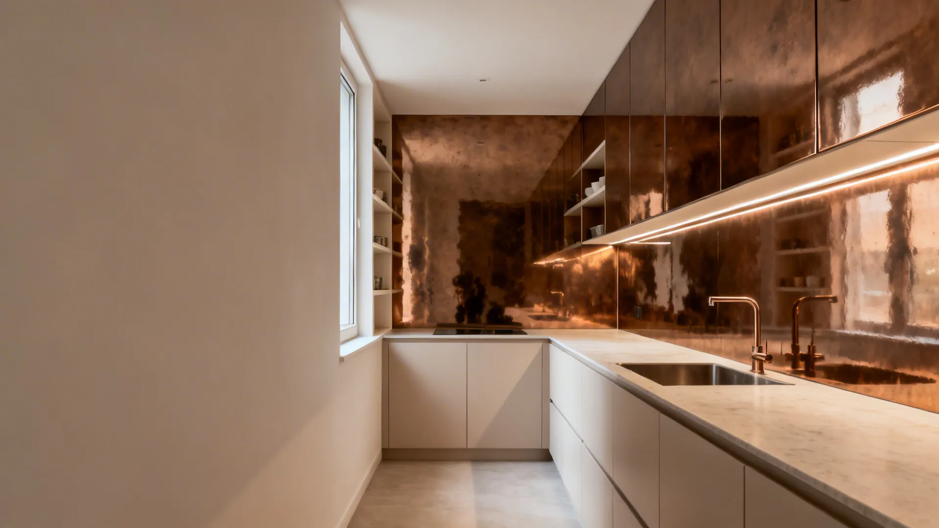 Narrow kitchenette with smoky bronze mirrored splashback creating airy depth and soft reflections.