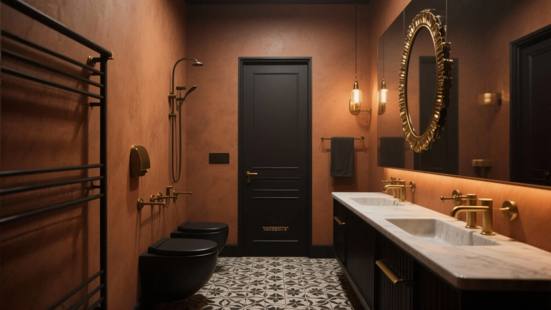 Elegant bathroom with orange walls black door gold light fixtures and a long double sink