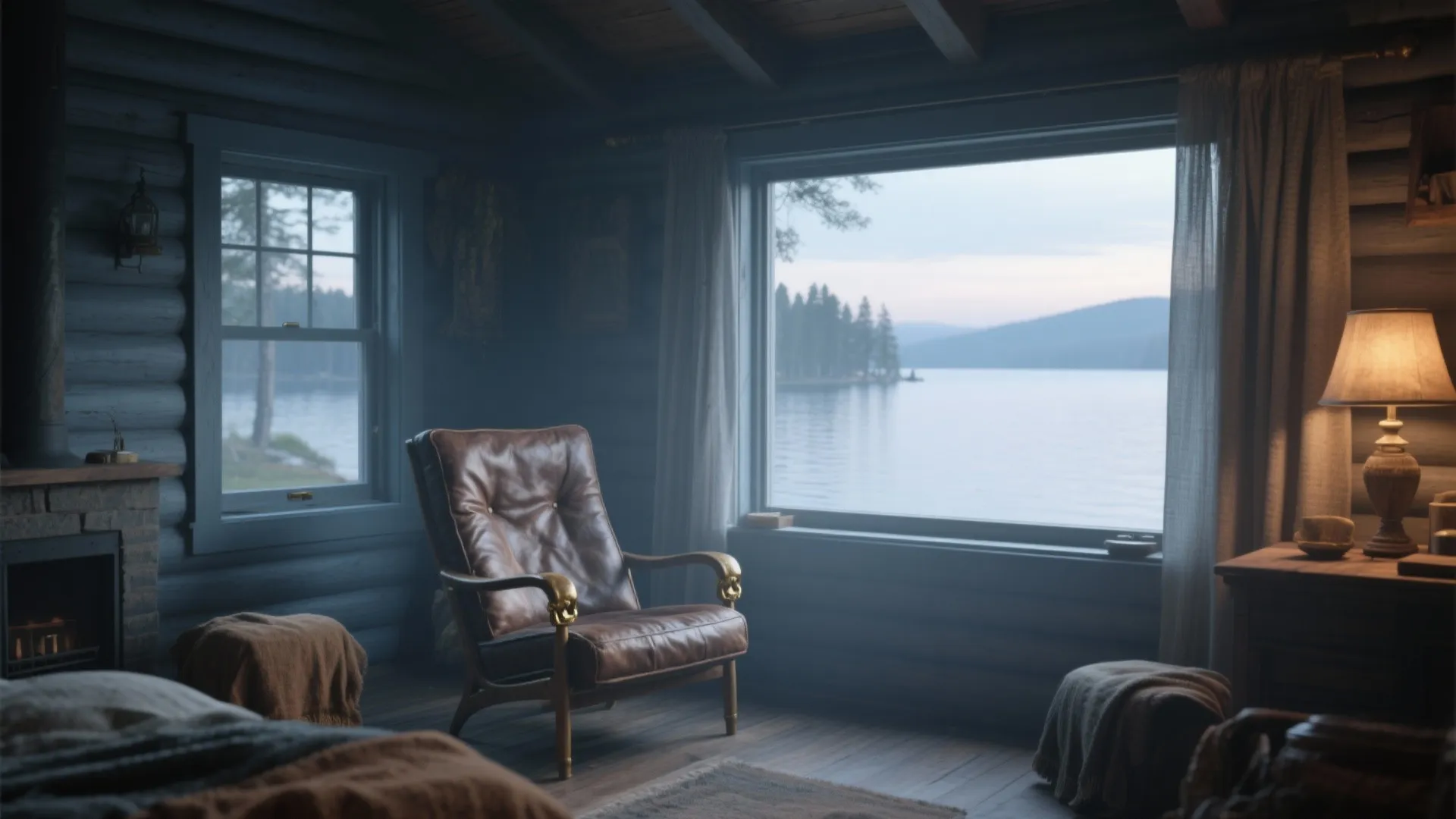 Dark blue cabin room with leather sofa chair facing large window with view of calm lake