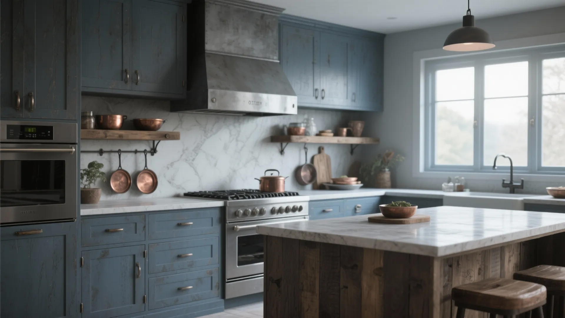 Kitchen with slate-gray cabinets, smoky blue accents, raw wood shelves and copper details for a rustic cool tone.