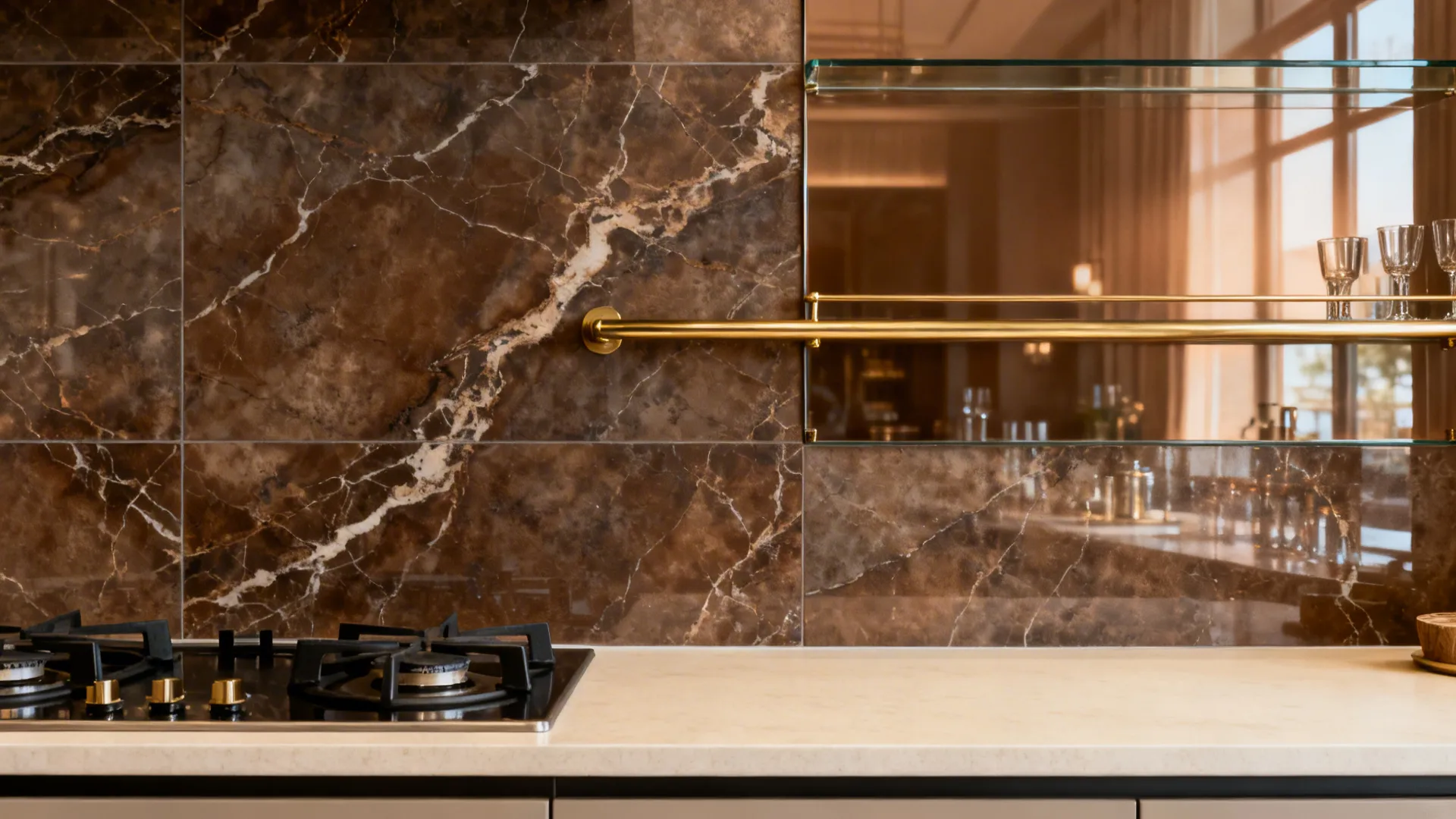 Smoky brown marble-look porcelain behind a cooktop paired with bronze-tinted glass backsplash.