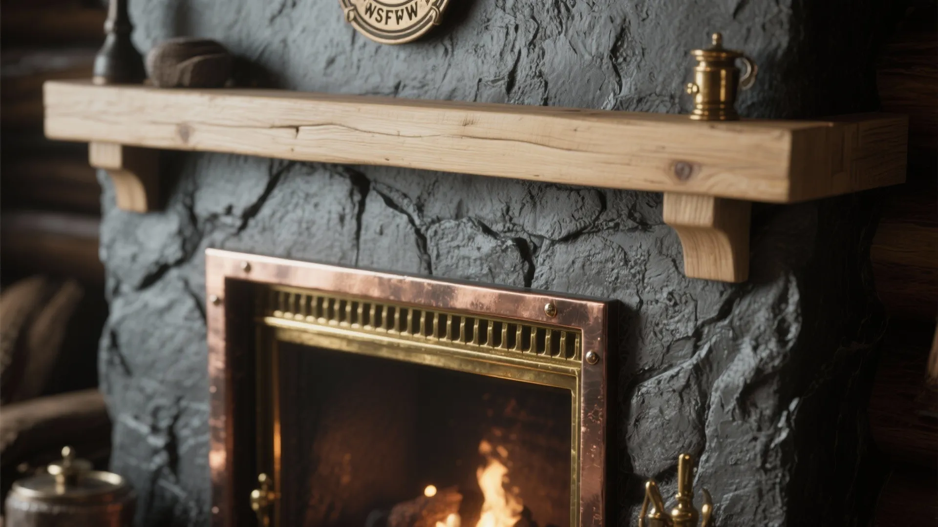 Close up of a stone fireplace with wooden shelf copper frame and burning fire inside room