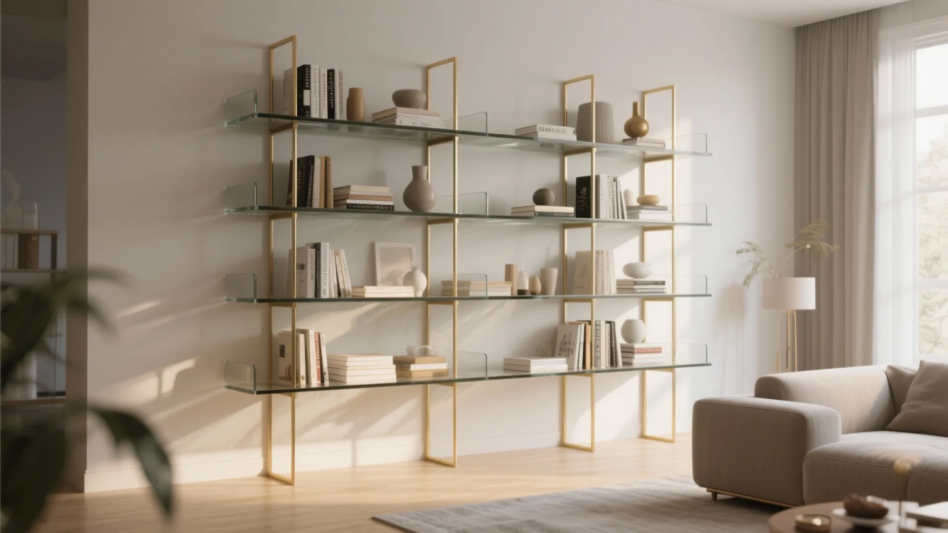 7. Smoky Glass and Gold Shelving Unit
