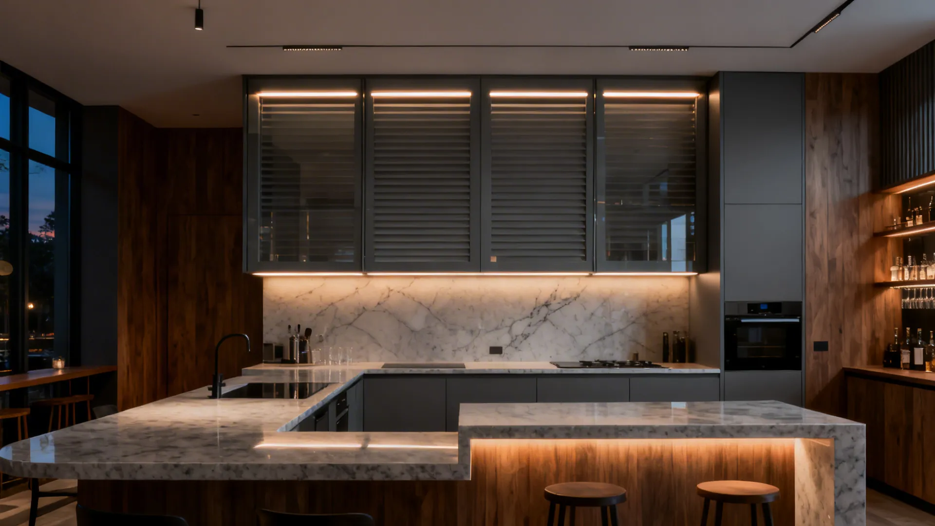 Modern kitchen with dark cabinets marble backsplash under cabinet lighting and marble island bar stools