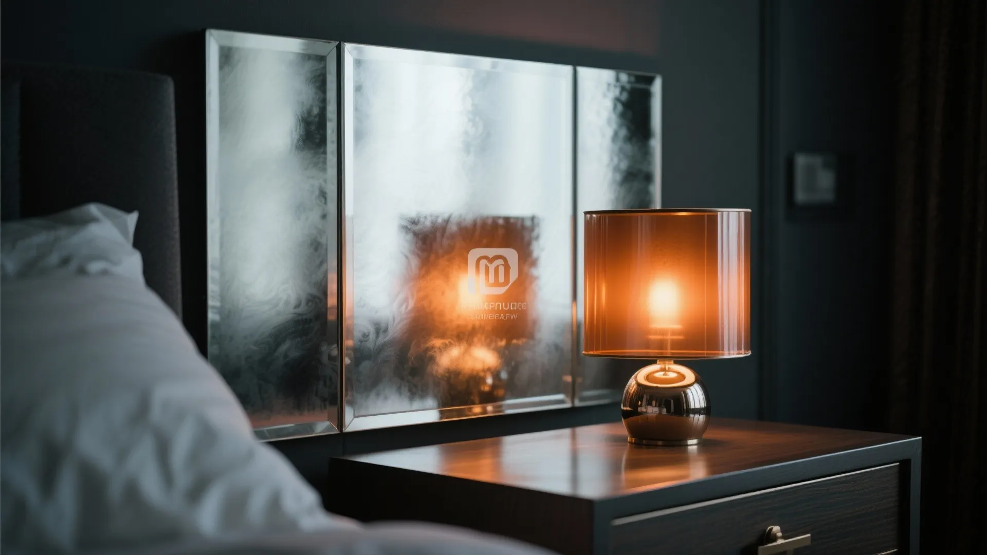 Warm table lamp glowing on dark wood cabinet next to bed with a decorative mirror