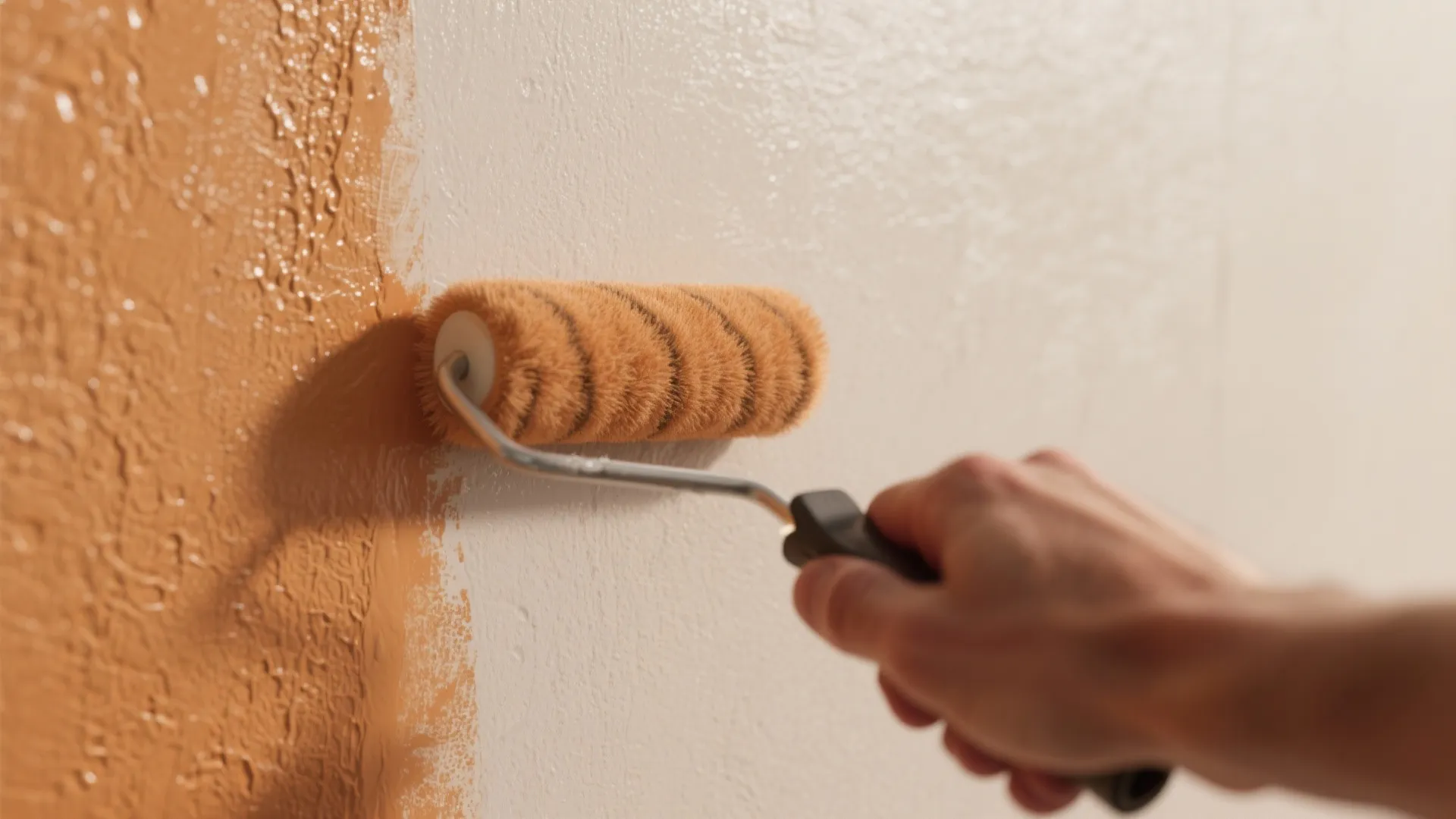 Macro shot of back-rolling over freshly sprayed paint to smooth texture with a short-nap roller.