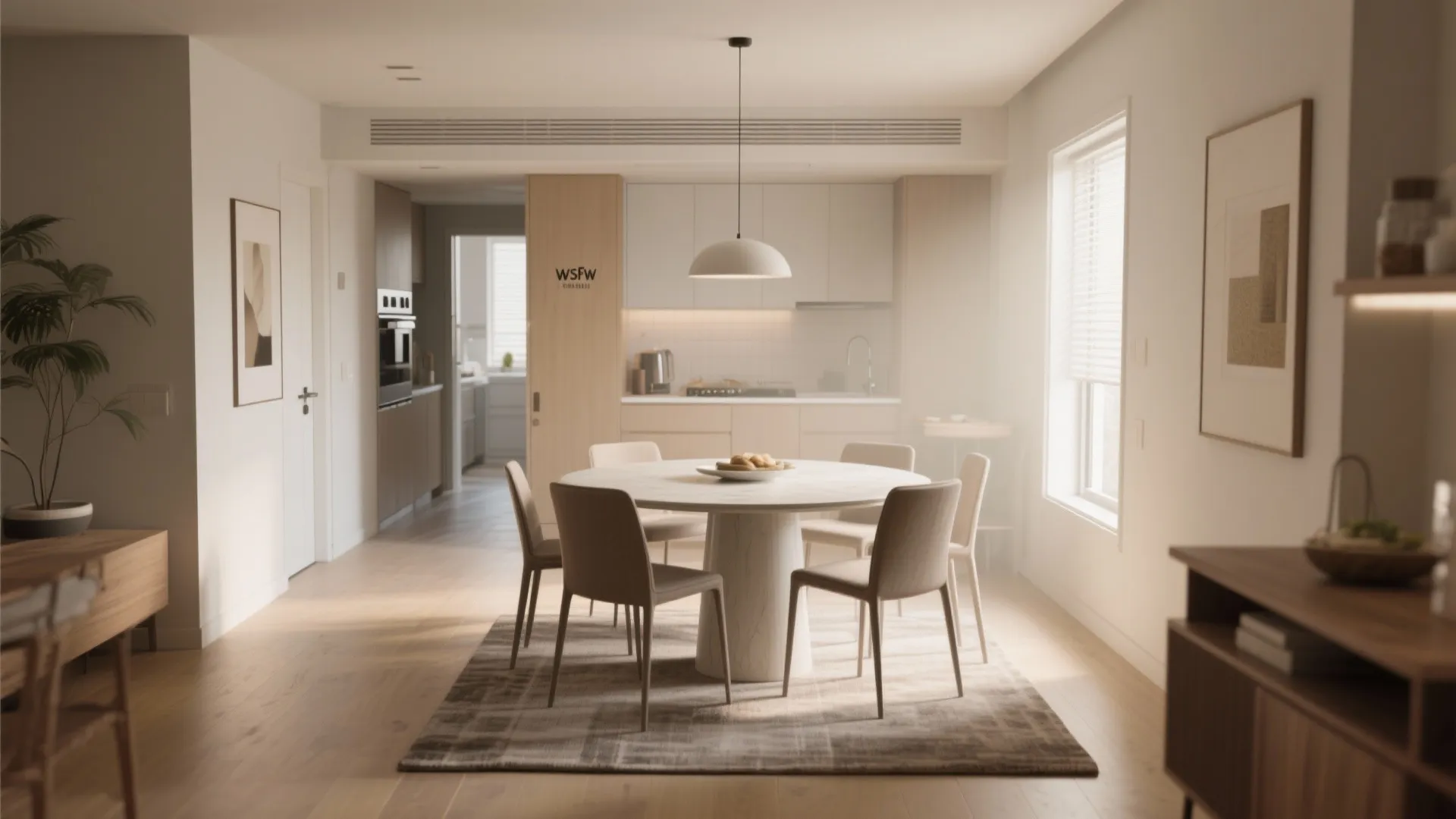 Modern open kitchen and dining area featuring round white table and soft natural indoor lighting