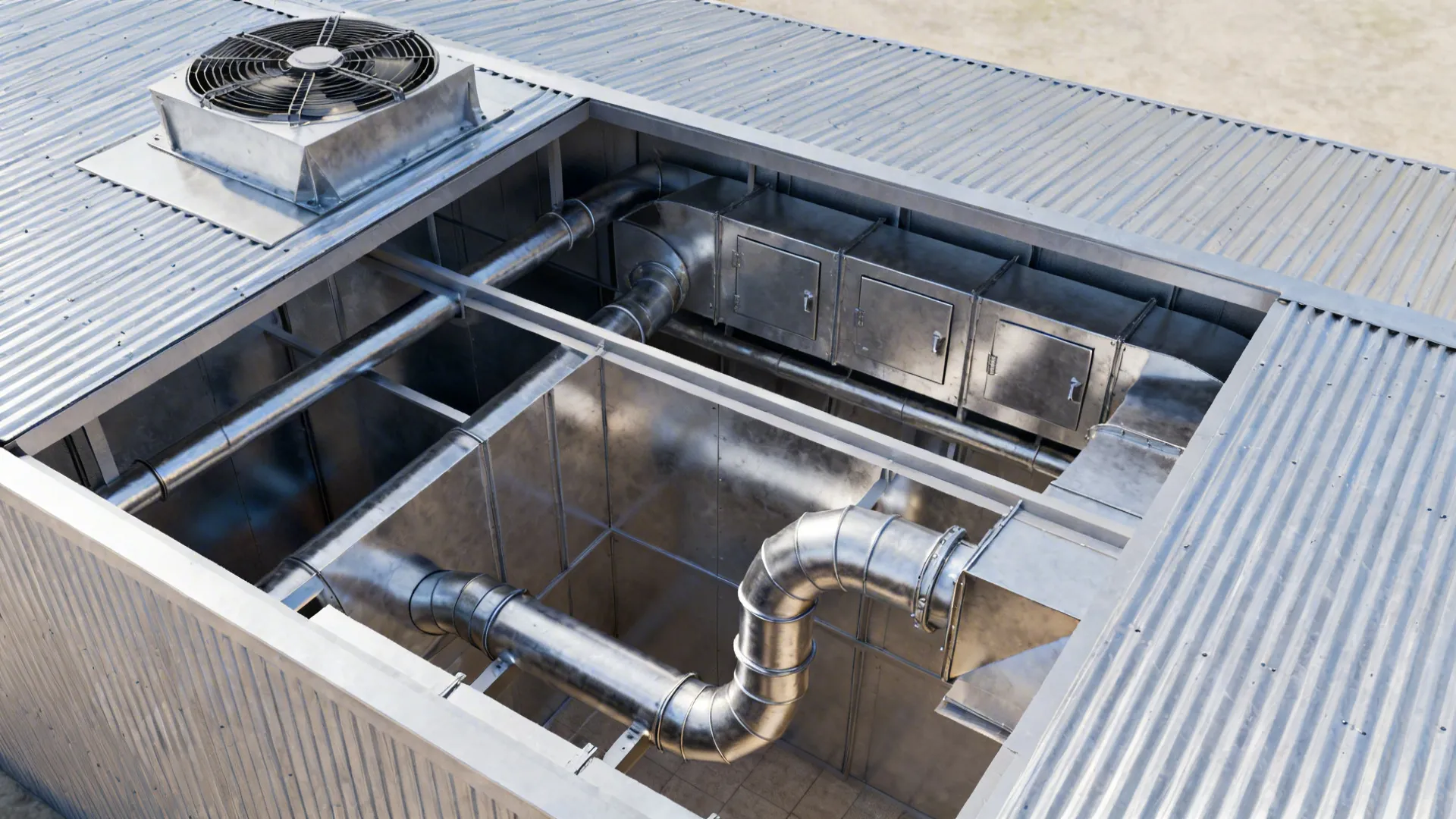 Cutaway top-down of short welded grease ducts with 45-degree elbows and access cleanouts minimizing static pressure.