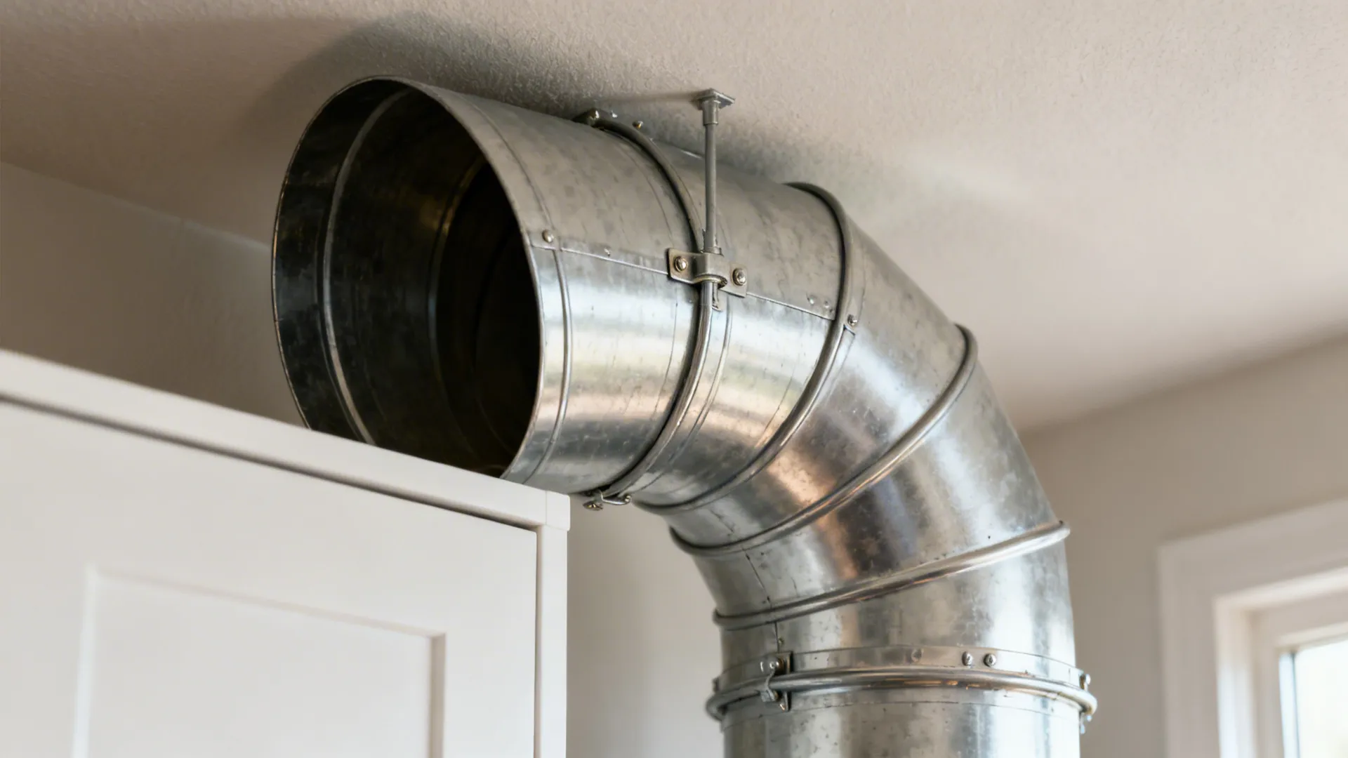 Macro of a large-radius rigid duct elbow aligned inside a soffit.