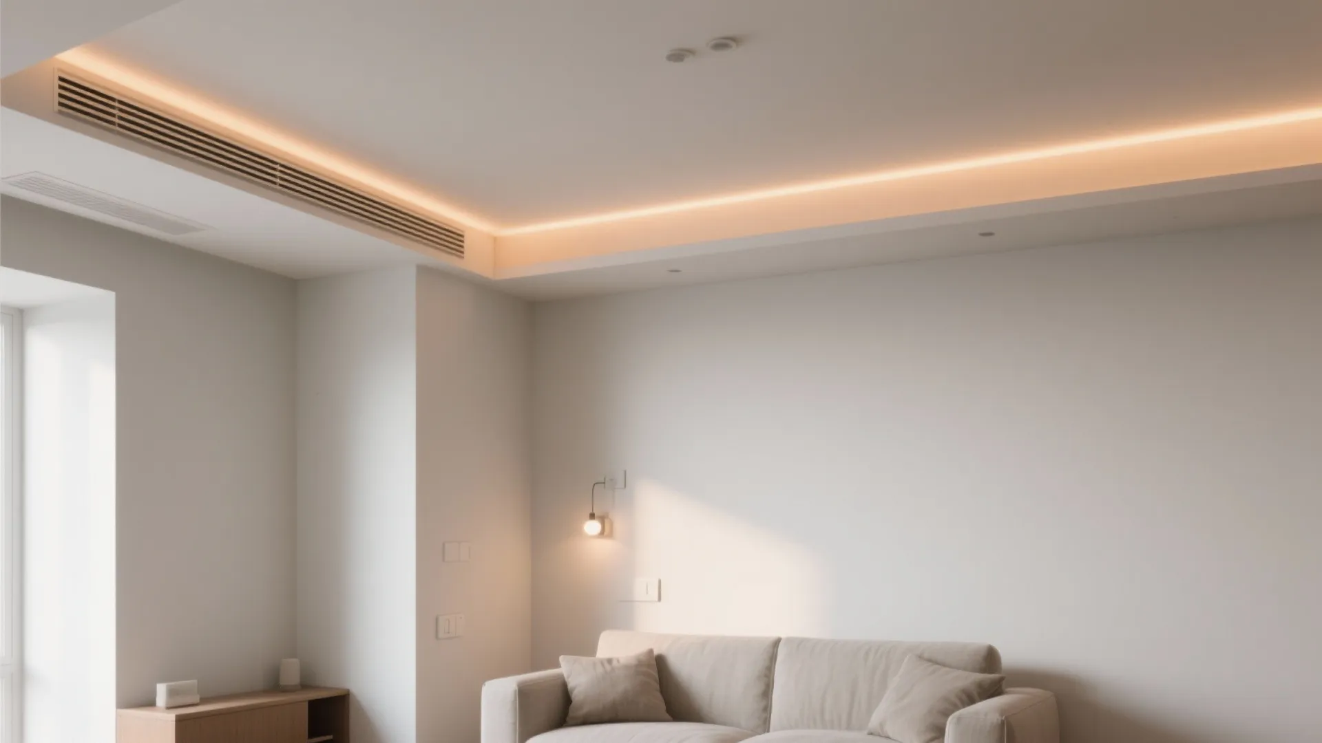 Modern living room with hidden ceiling lights above a white sofa and light grey wall