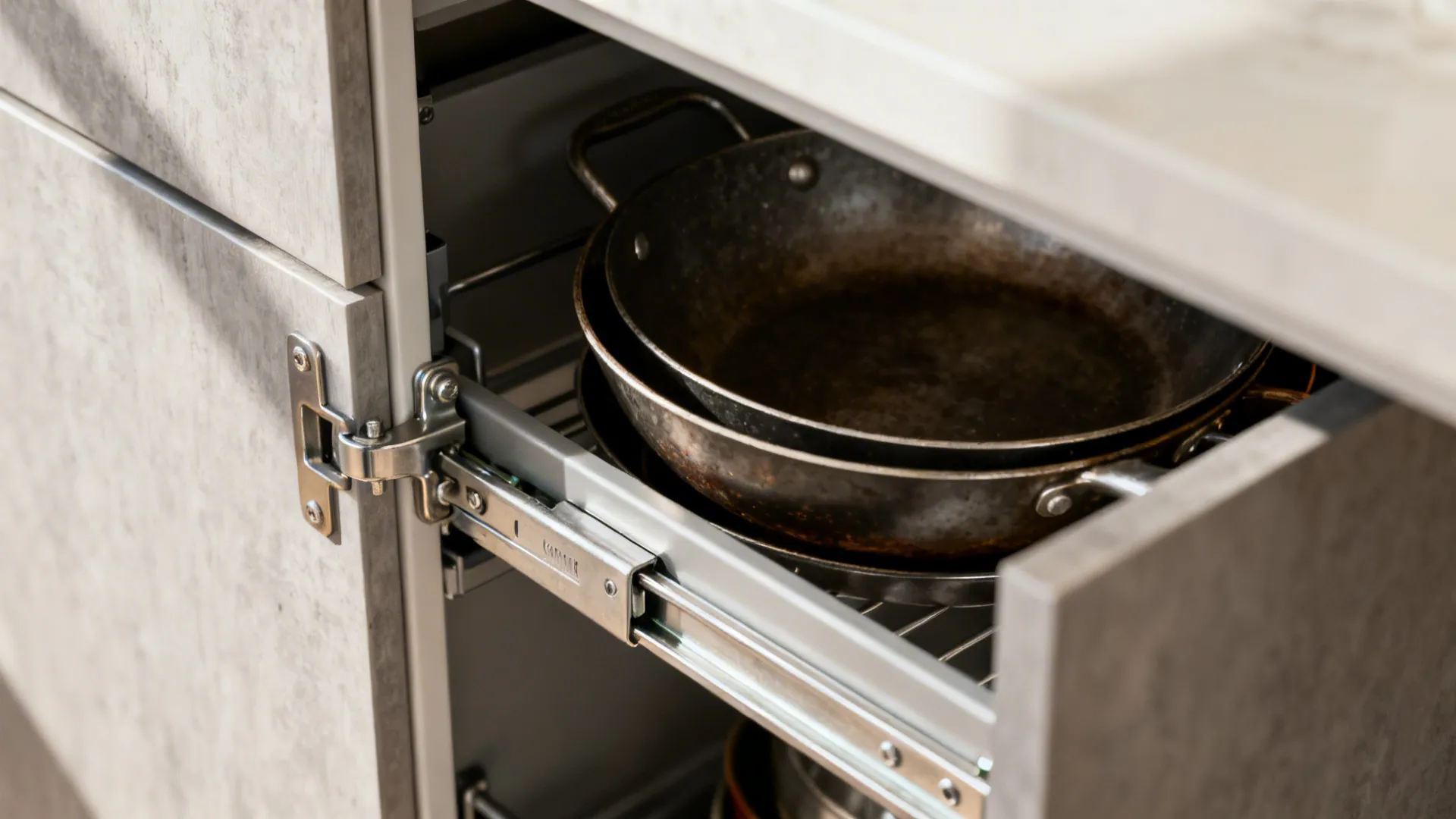 Macro of robust soft-close hinge and drawer runner supporting heavy cookware.