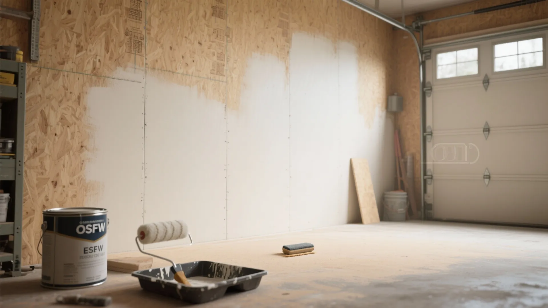 Garage interior renovation showing white paint being applied over wooden wall panels with painting tools