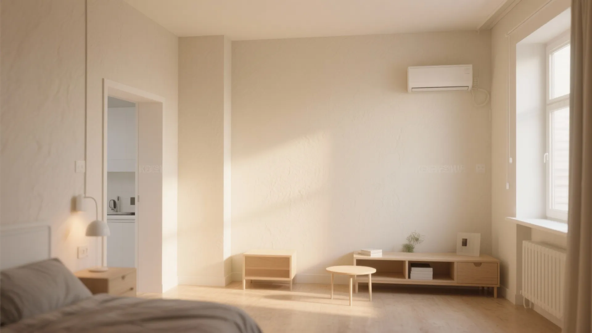 Bright minimalist bedroom with beige wall putty wooden furniture air conditioner and warm natural light