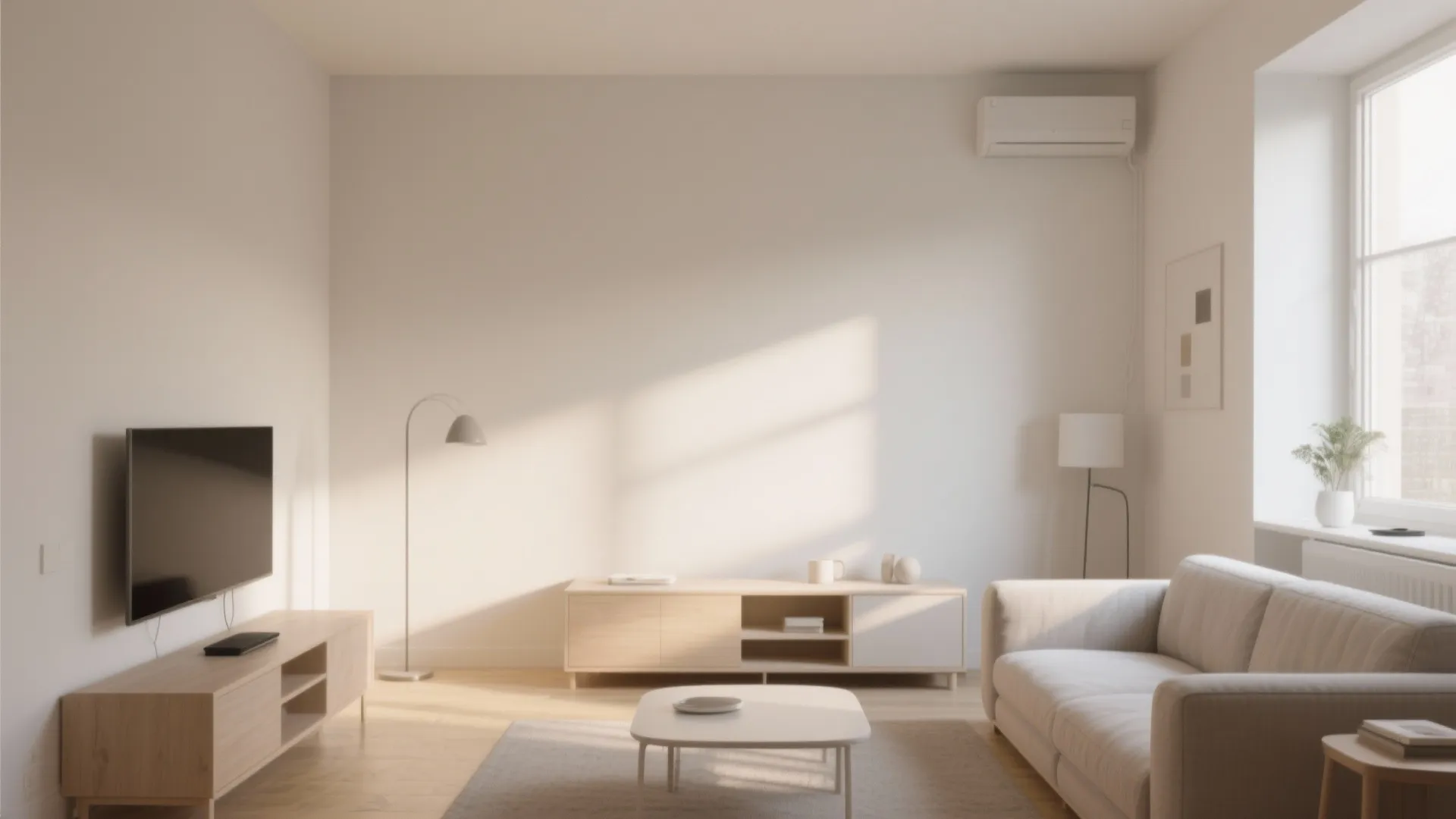 Minimalist living room with plain white walls wooden cabinet grey sofa television and soft sunlight shadows