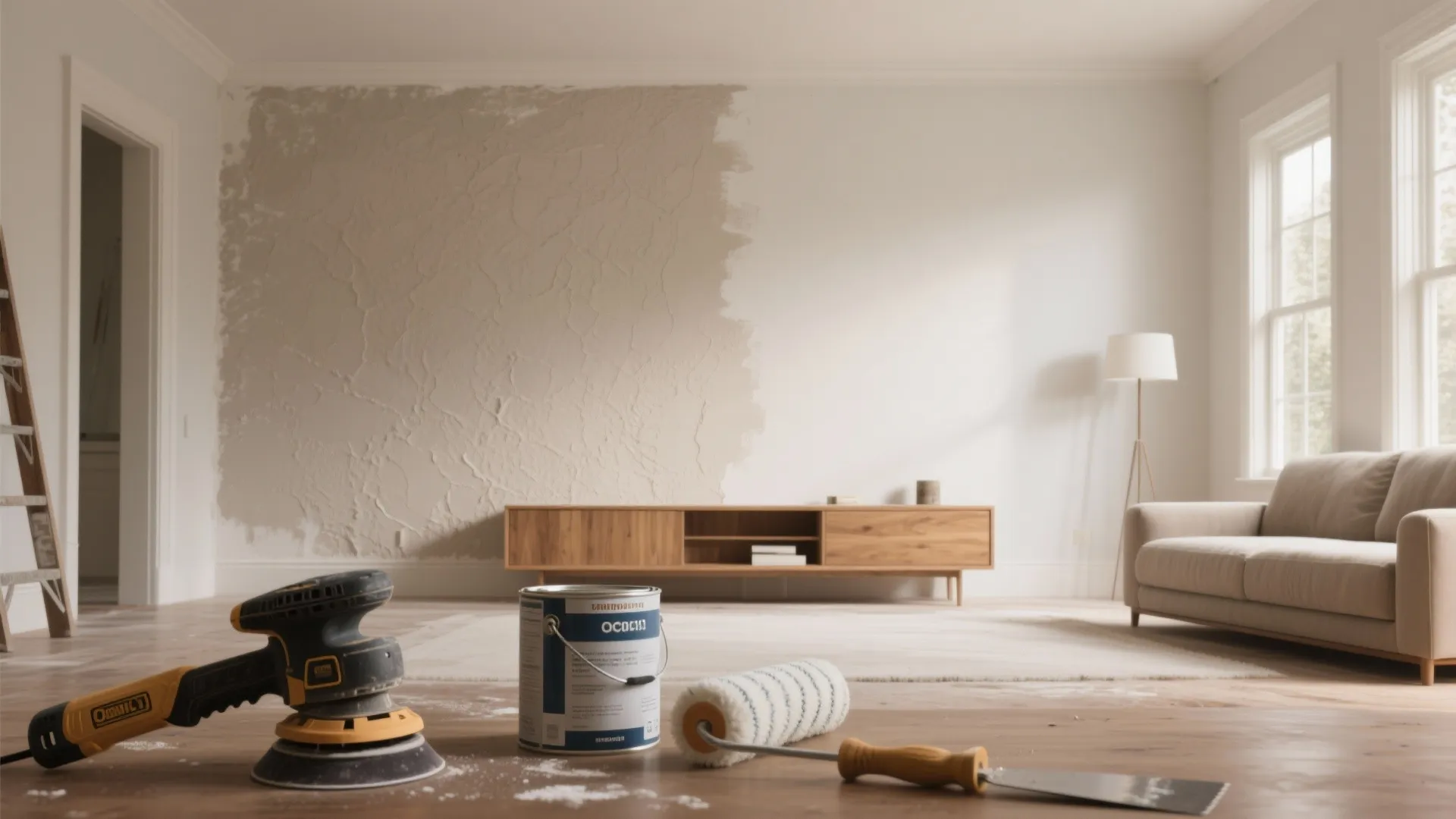 Living room wall renovation tools with electric sander paint can roller and cabinet on floor