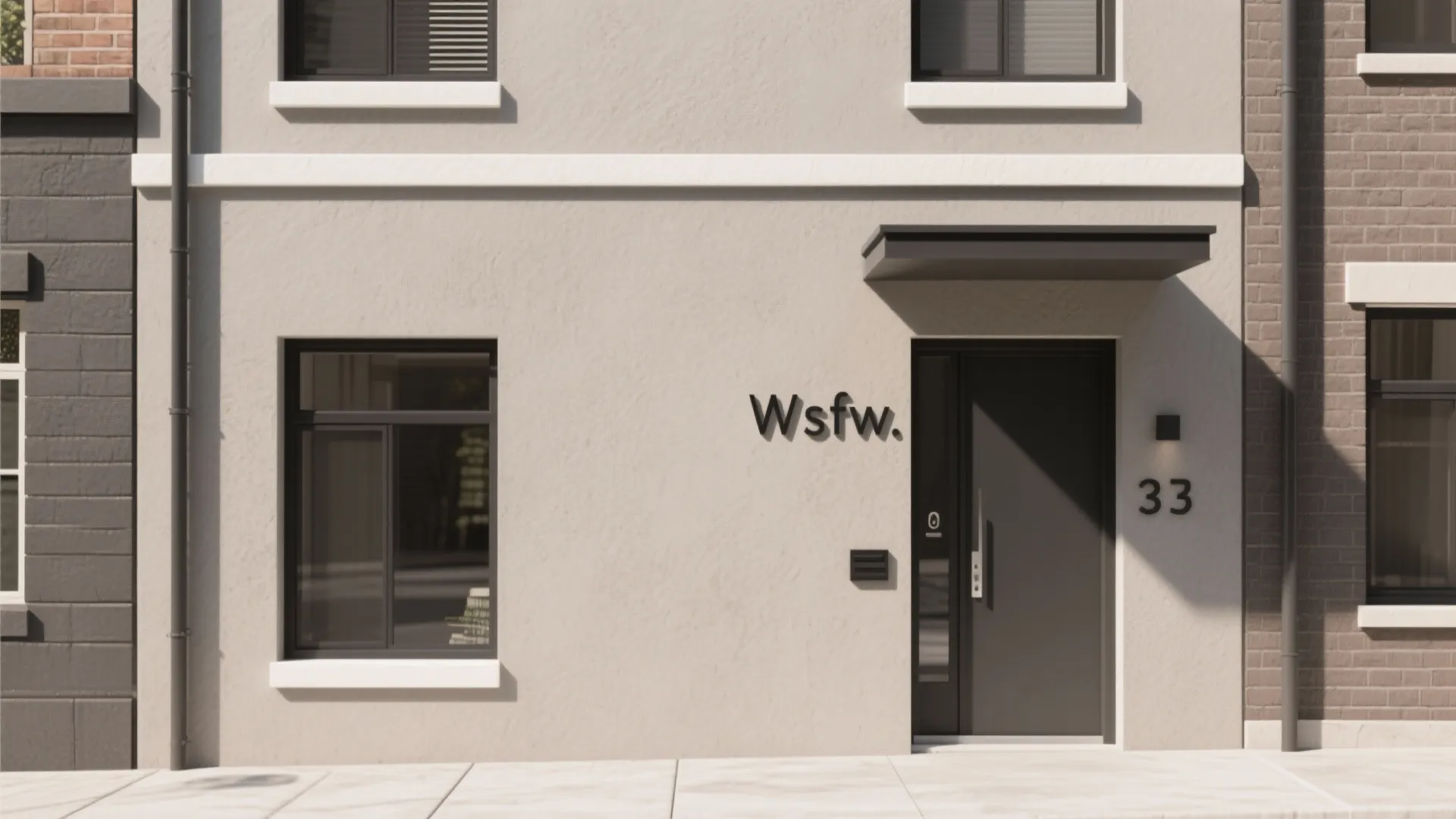 Modern house exterior with smooth beige wall panel black door small window and dark roof