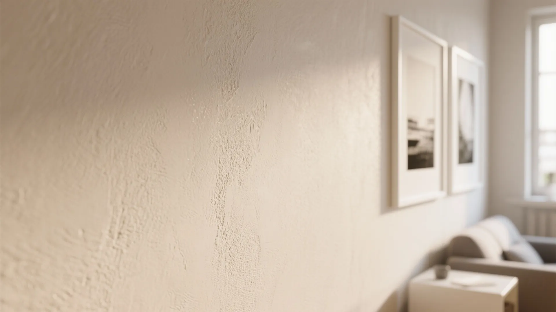 Textured cream wall in a living room with framed pictures sofa and natural side lighting