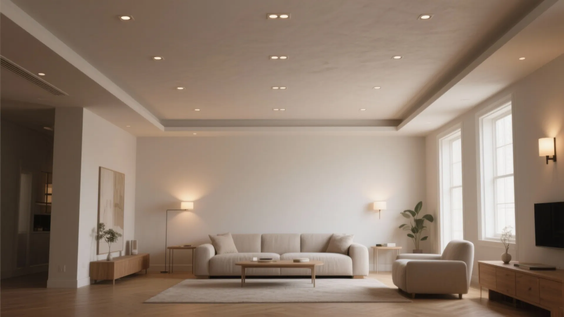 Minimalist living room with beige sofa wooden floor small ceiling lights and large white windows