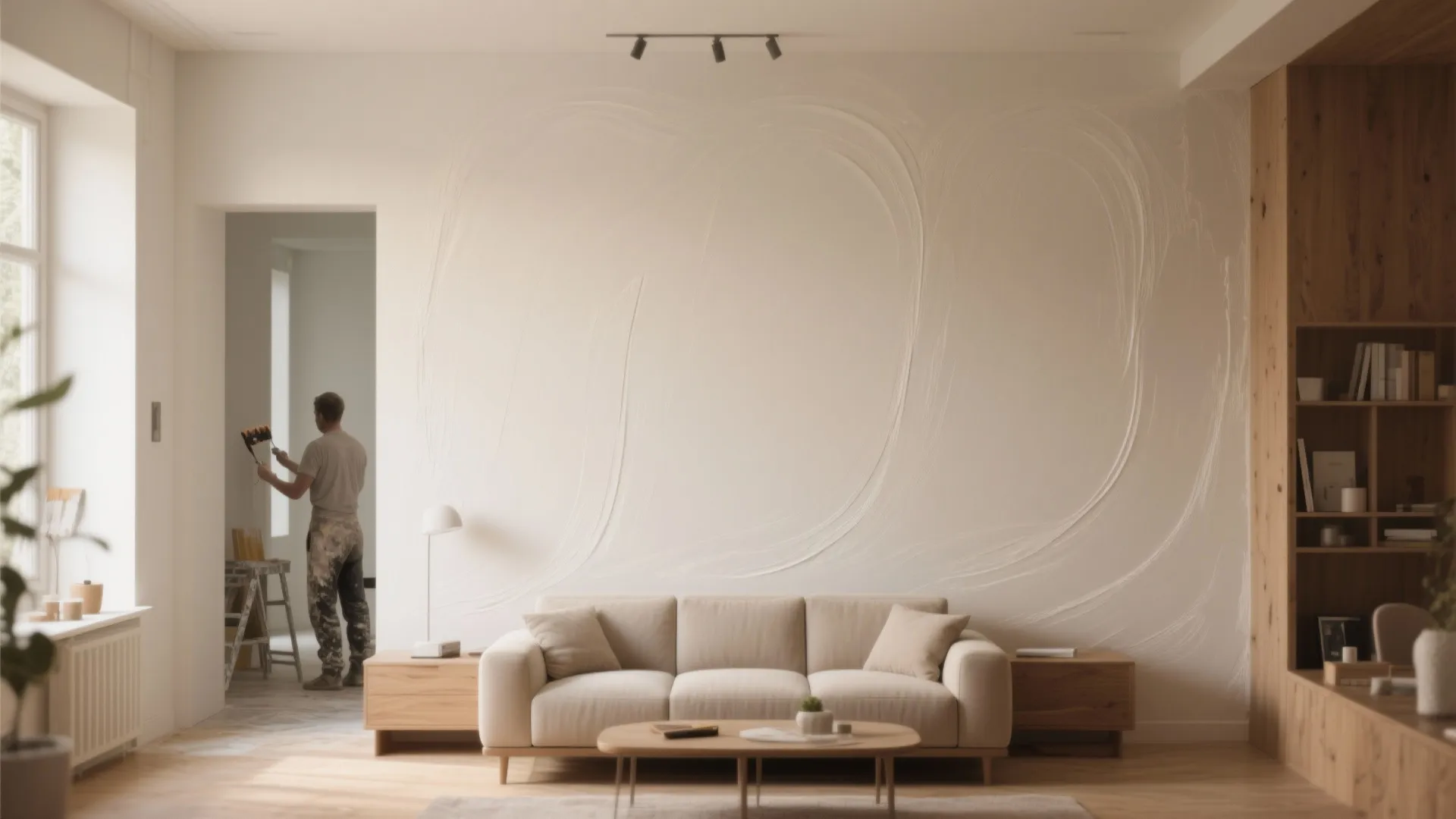 Modern living room with beige sofa and large textured white wall with swirl pattern design