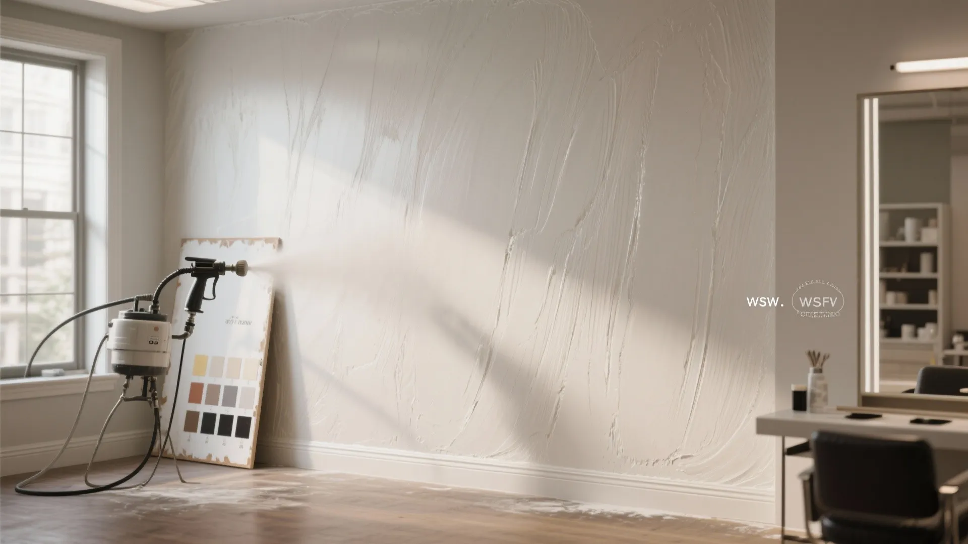 Professional paint sprayer machine applying smooth white coating to interior wall in a bright room