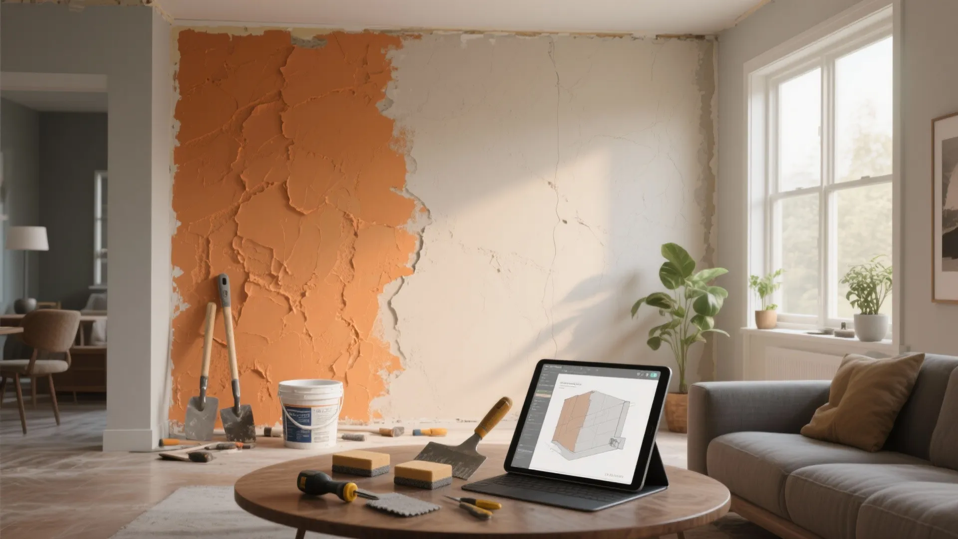 Living room wall being plastered orange with a tablet showing an interior design drawing nearby