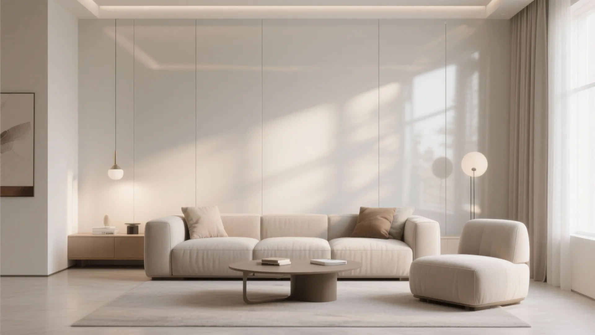 Minimalist living room with beige sofa round coffee table floor lamp and large wall panel