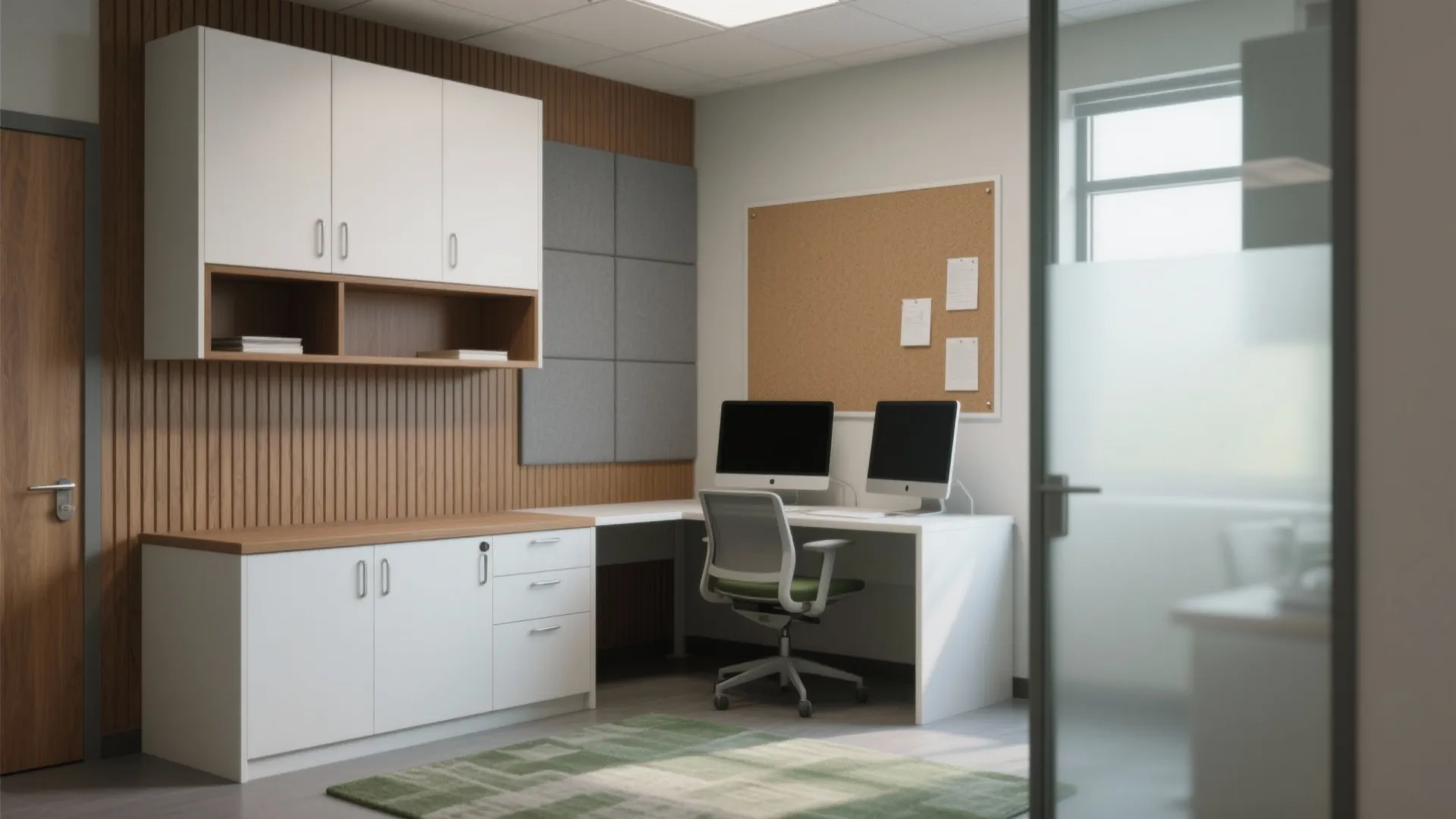 Modern office with white desk, grey chair, wood wall panels, storage cabinets, and dual monitors