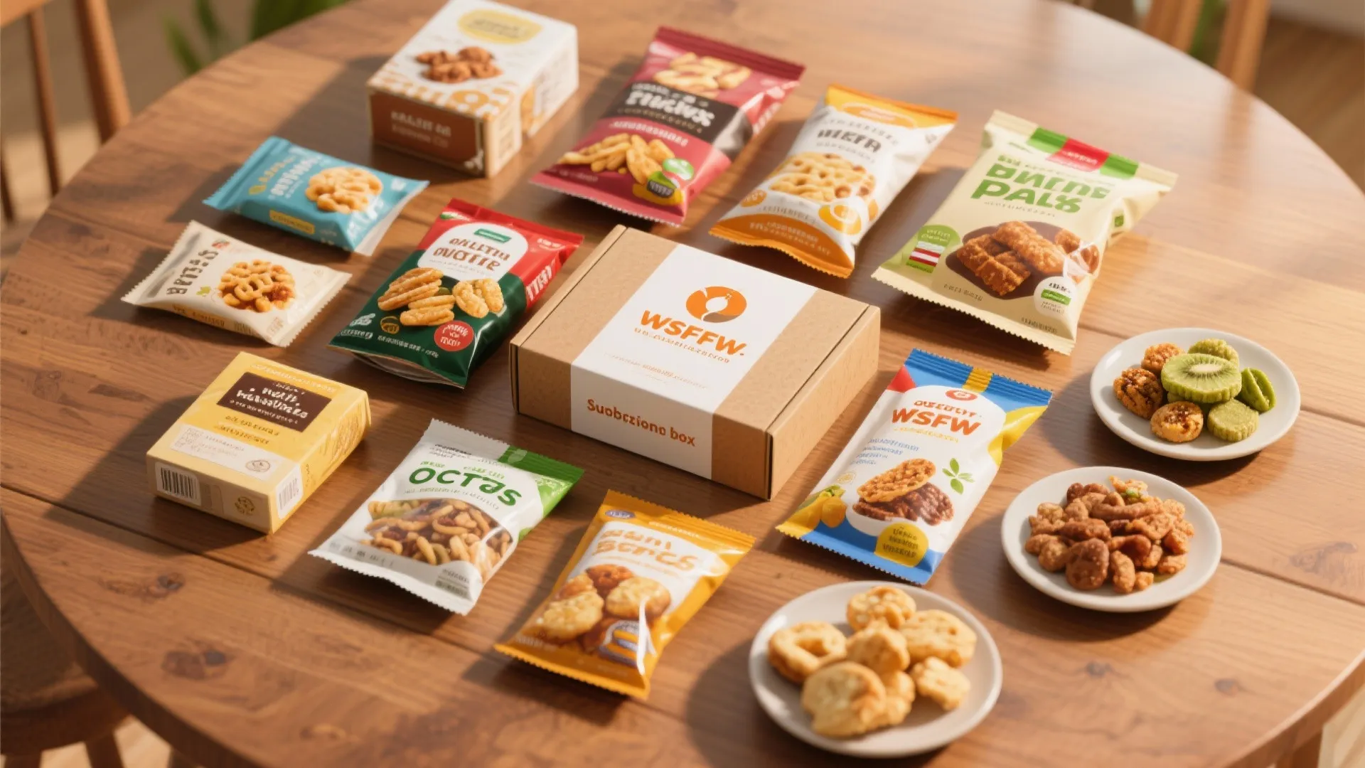 Various snack packets and small food plates surrounding a central cardboard gift box on table