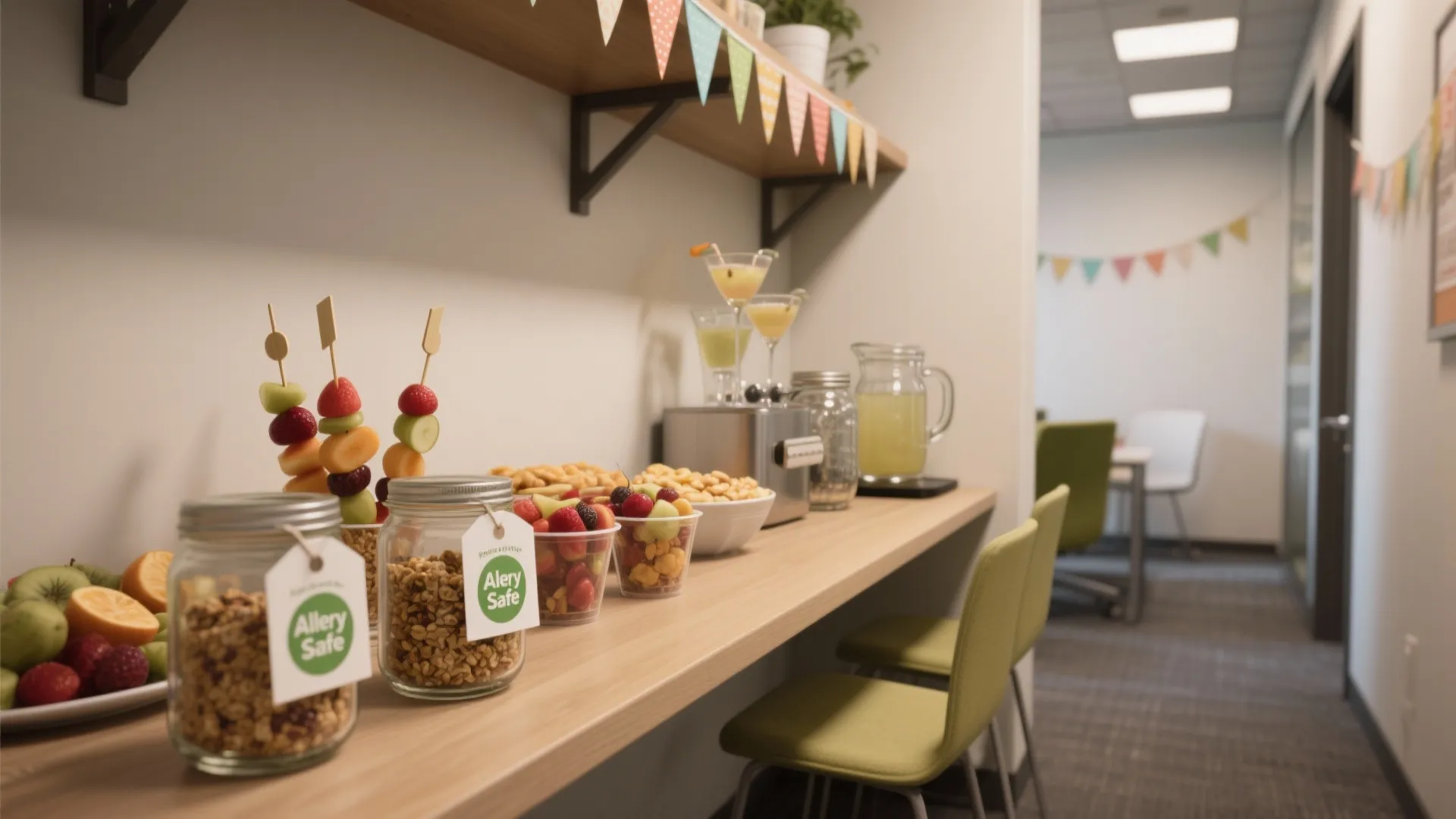 Compact allergy-friendly snack corner with labeled fruit skewers, granola cups and a small mocktail station.
