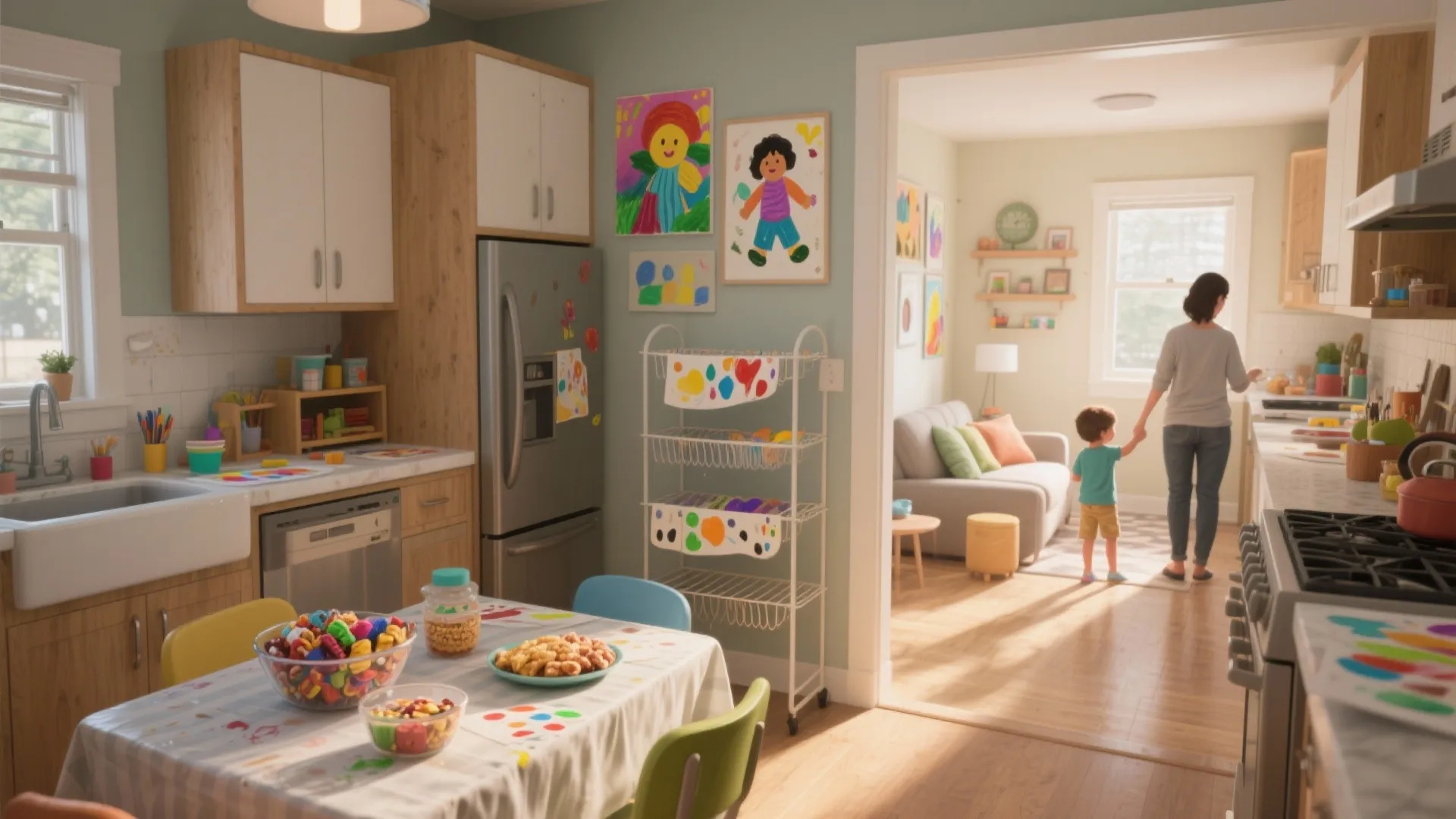 Bright kitchen with snacks on table while mother and child walk into sunny living room