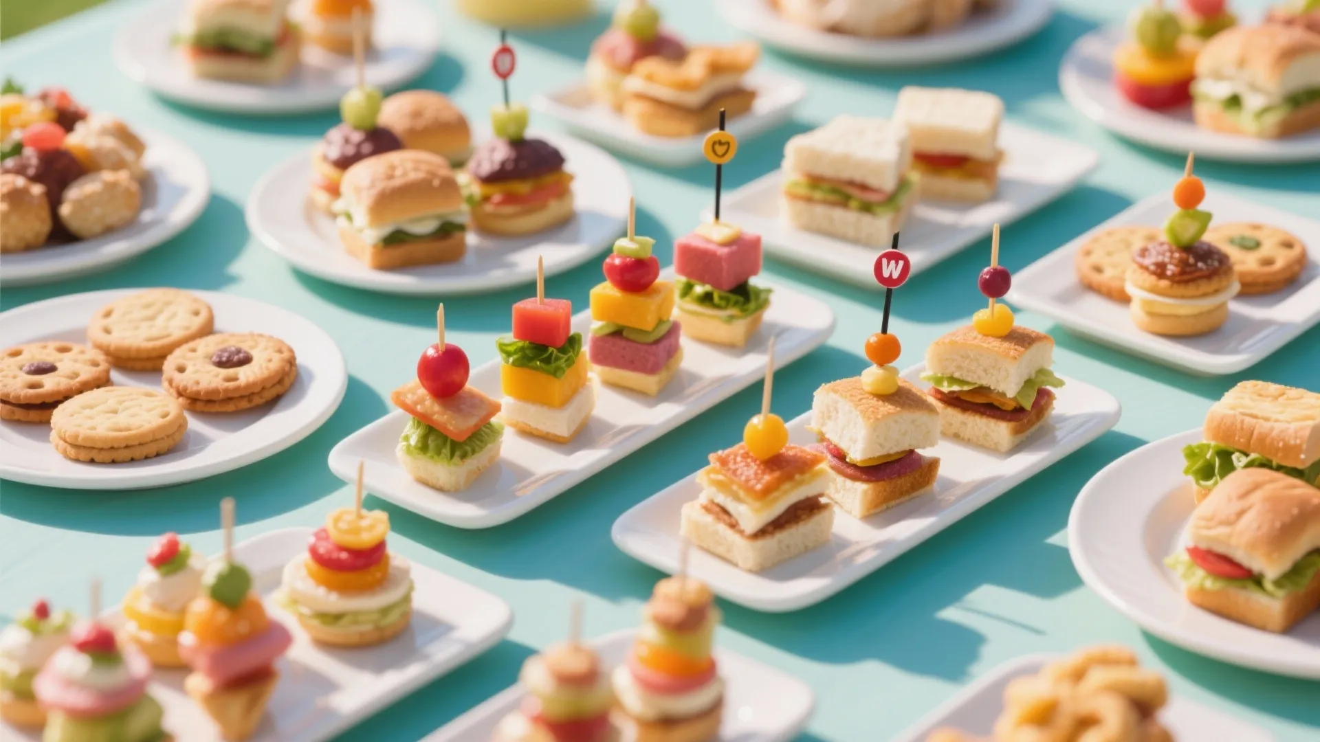 Rows of small sandwiches and fruit snacks served on white plates for a party event