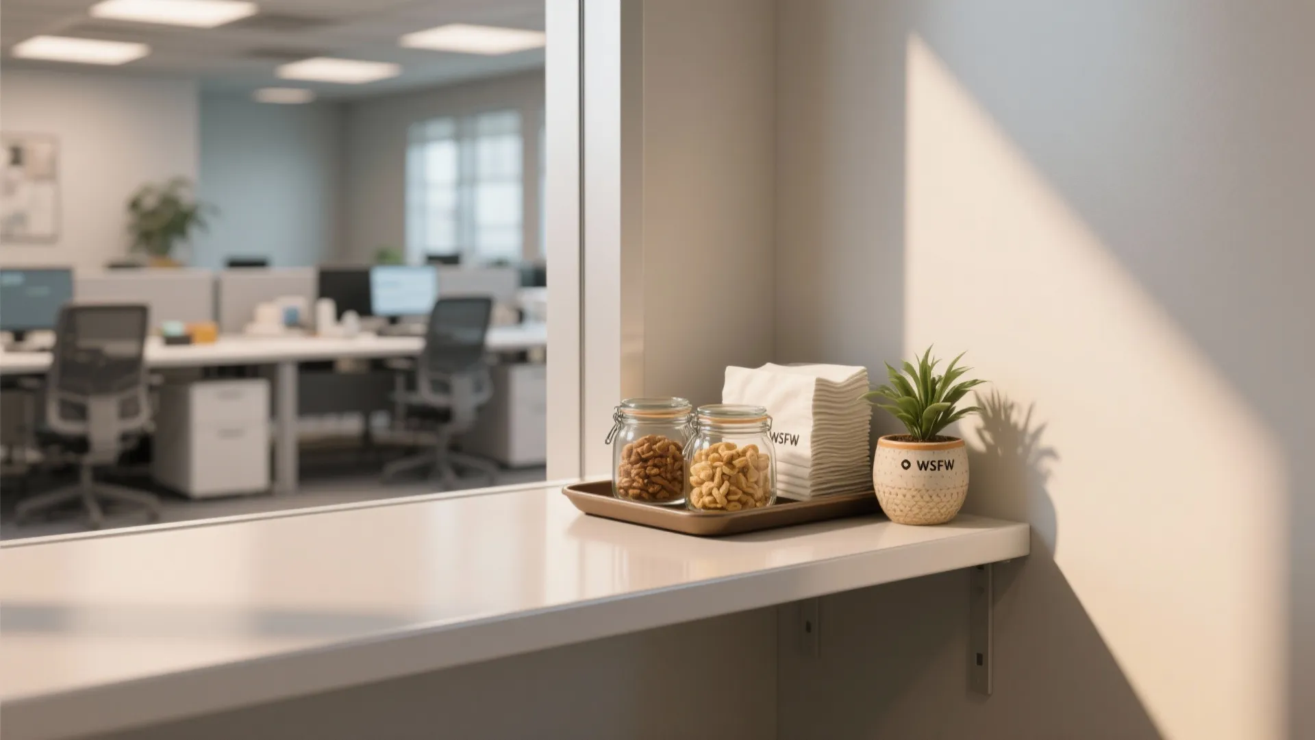 Modern office snack area with small jars of nuts on tray next to green plant
