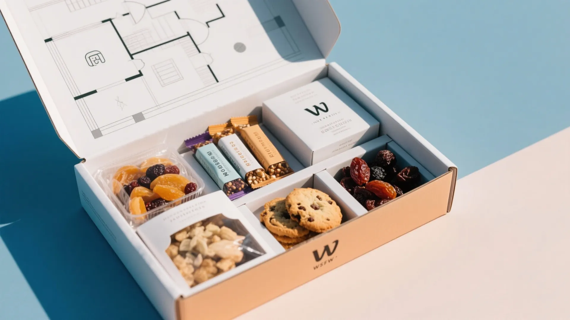 Open gift box filled with cookies dried fruit nuts and snacks with room layout print inside
