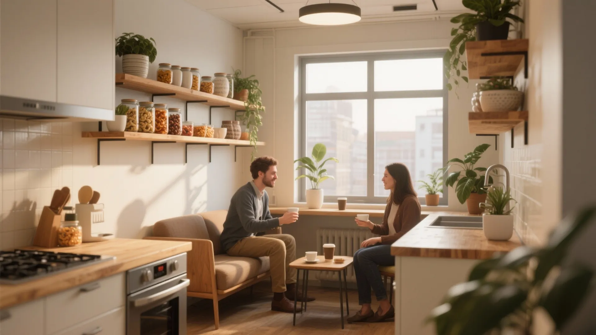 Man and woman having coffee in modern kitchen with wooden counters, open shelves, and plants