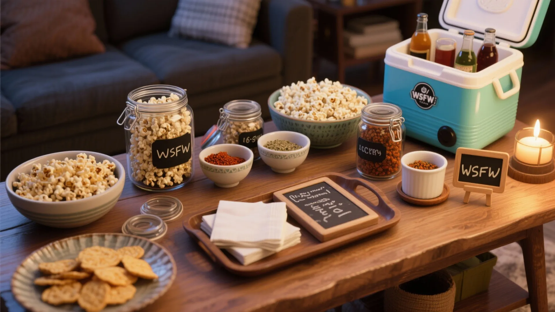 Snack station on a wooden table with popcorn bowls jars drinks cooler napkins and small signs