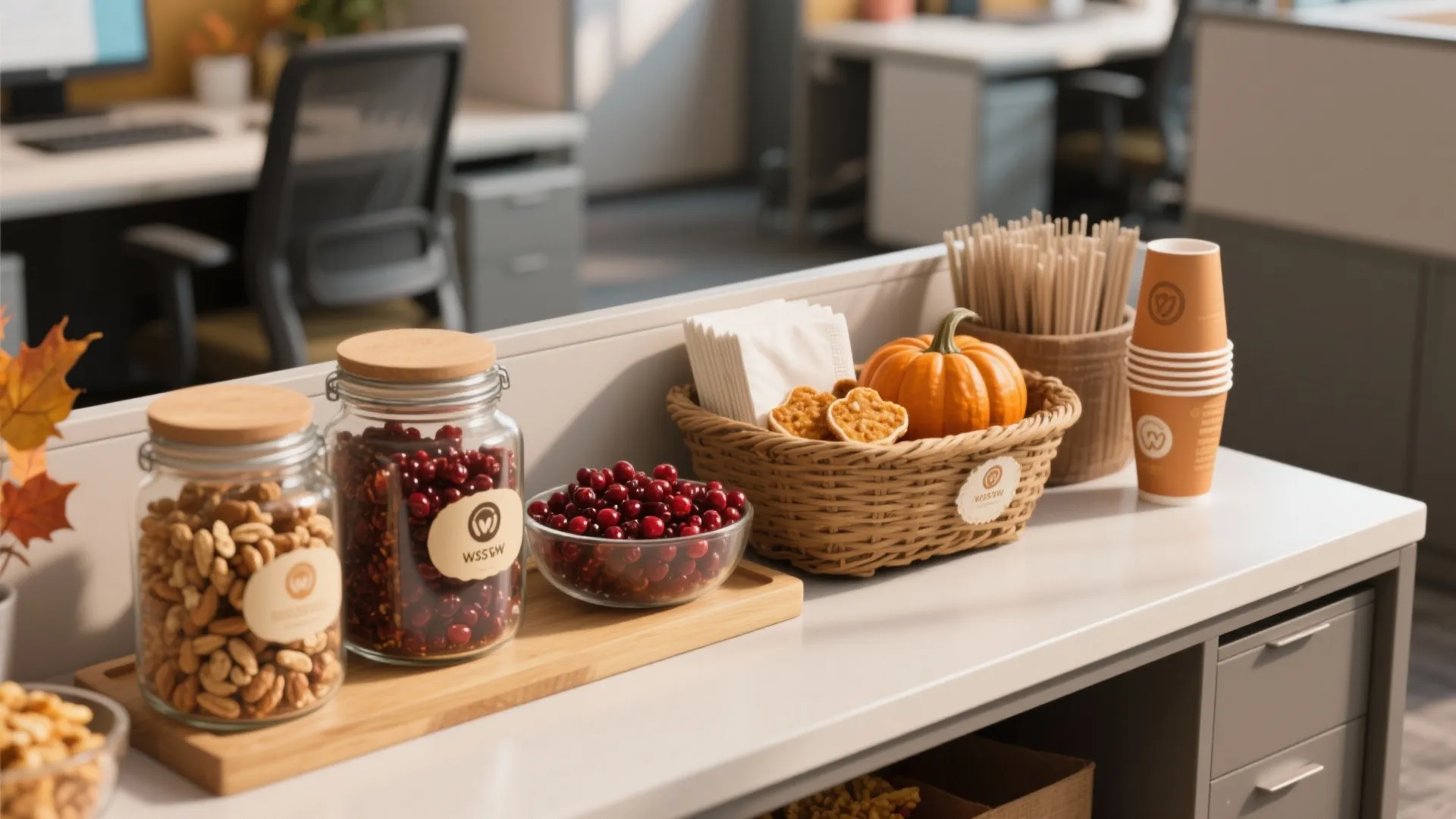 Office snack station with jars of nuts berries small pumpkin and coffee cups on desk