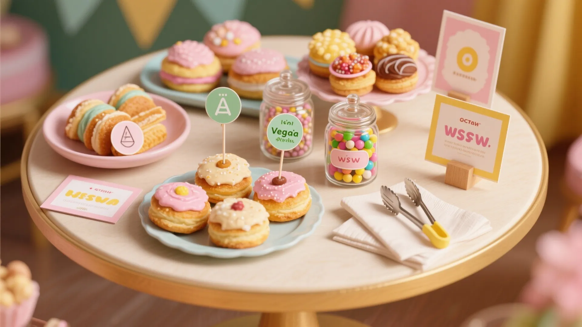 Small round table displaying colorful donuts and jars of candy for a festive office party