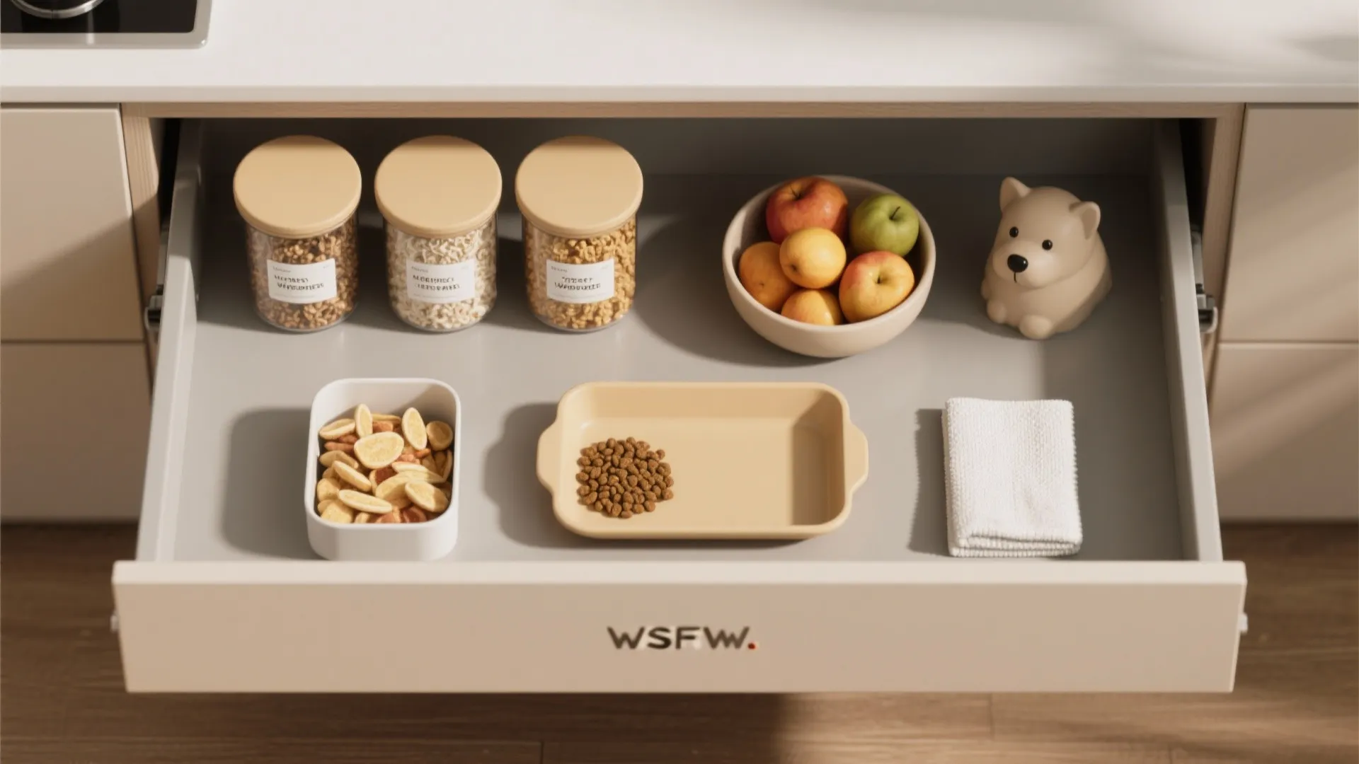 Open kitchen drawer featuring three glass jars fruit bowl pet food tray and small dog toy