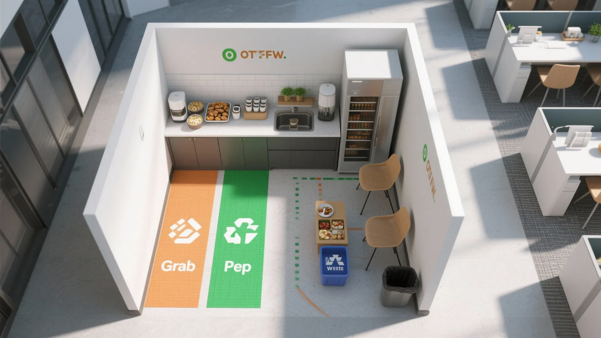 Modern office snack station with sink area coffee machine fridge chairs and colorful floor zones design