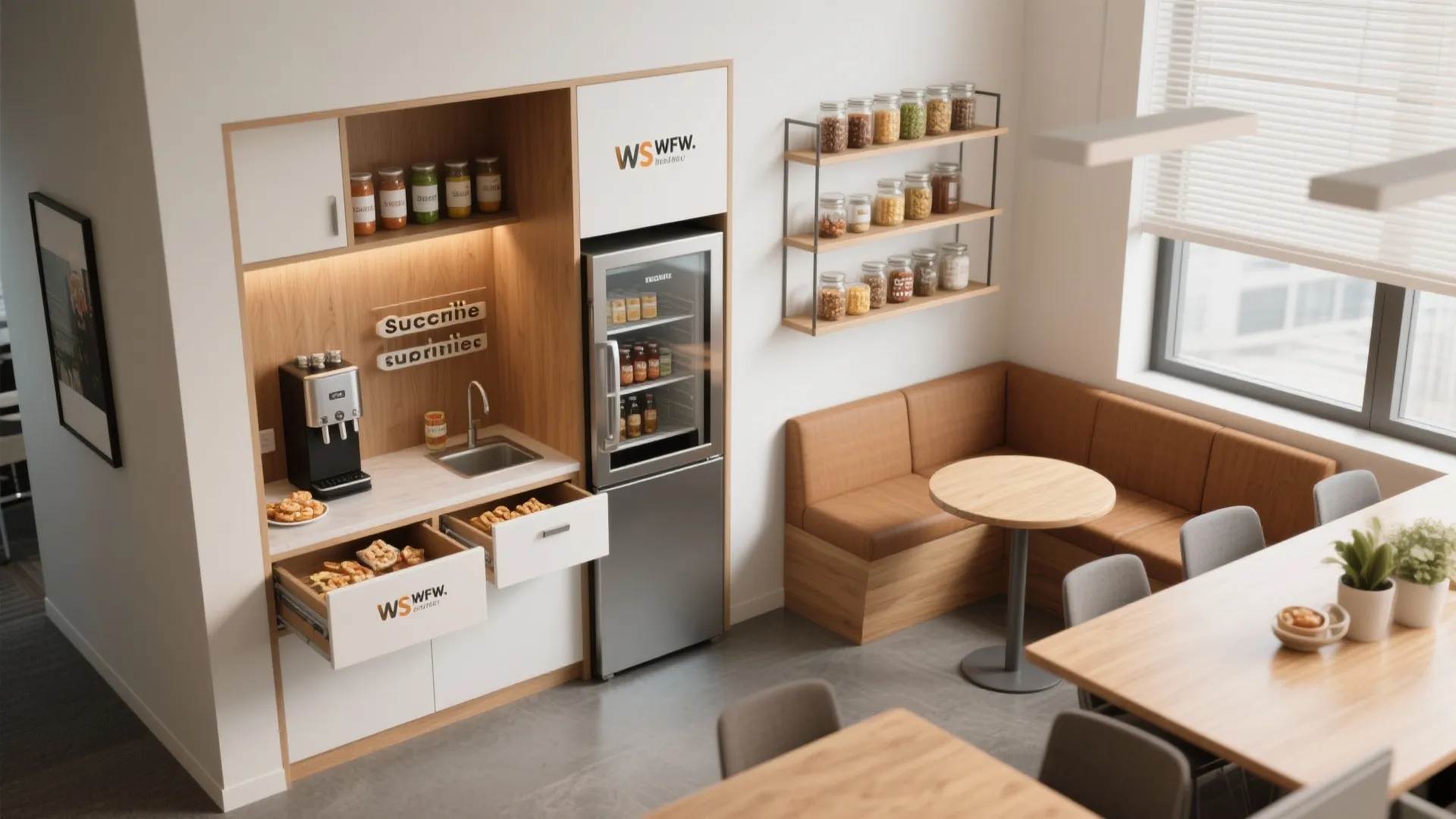 Cohesive office snack bar vignette combining modular storage, open shelves, beverage station and warm seating.
