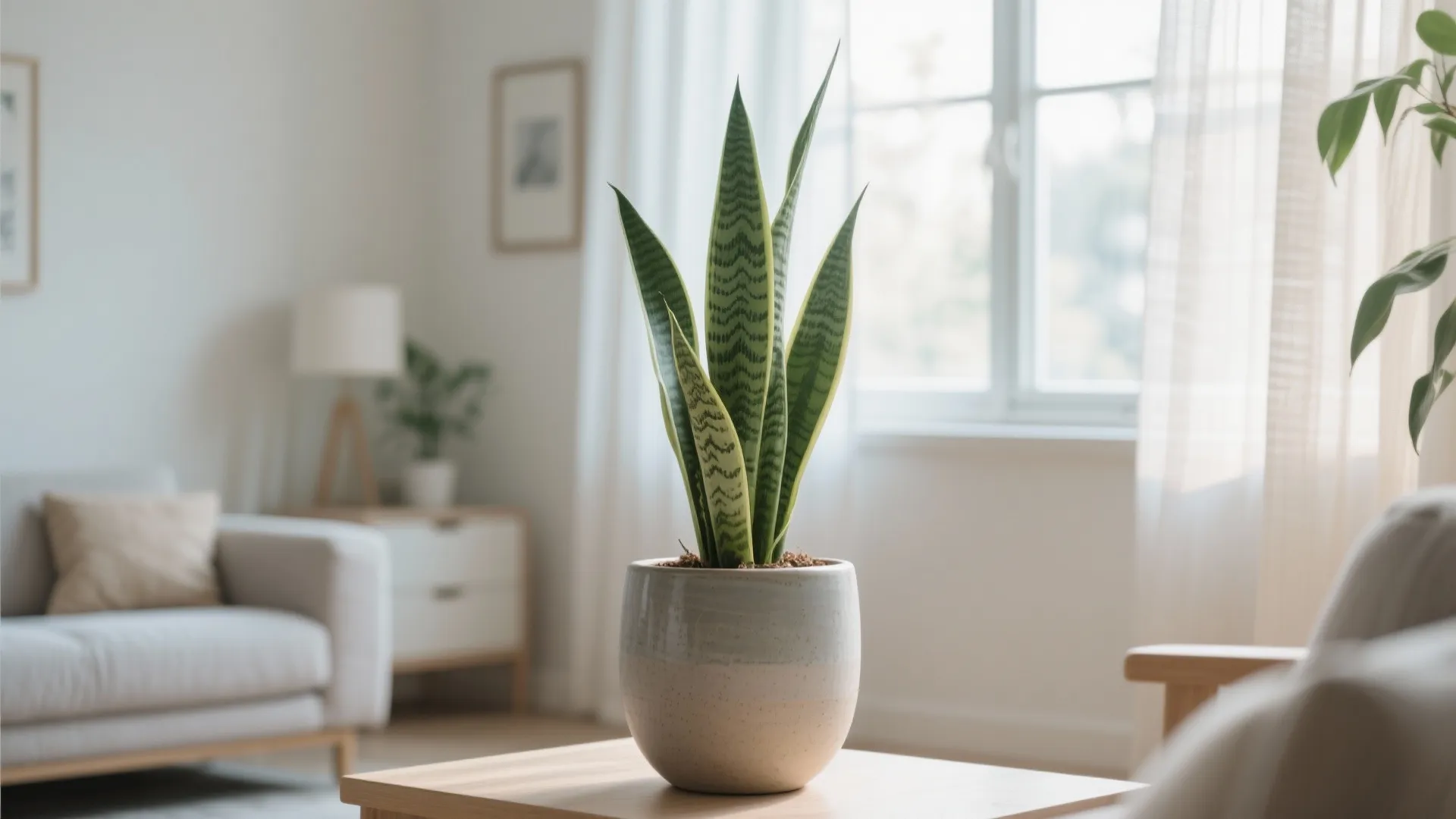 Green potted plant on wooden coffee table with a blurred living room and window background