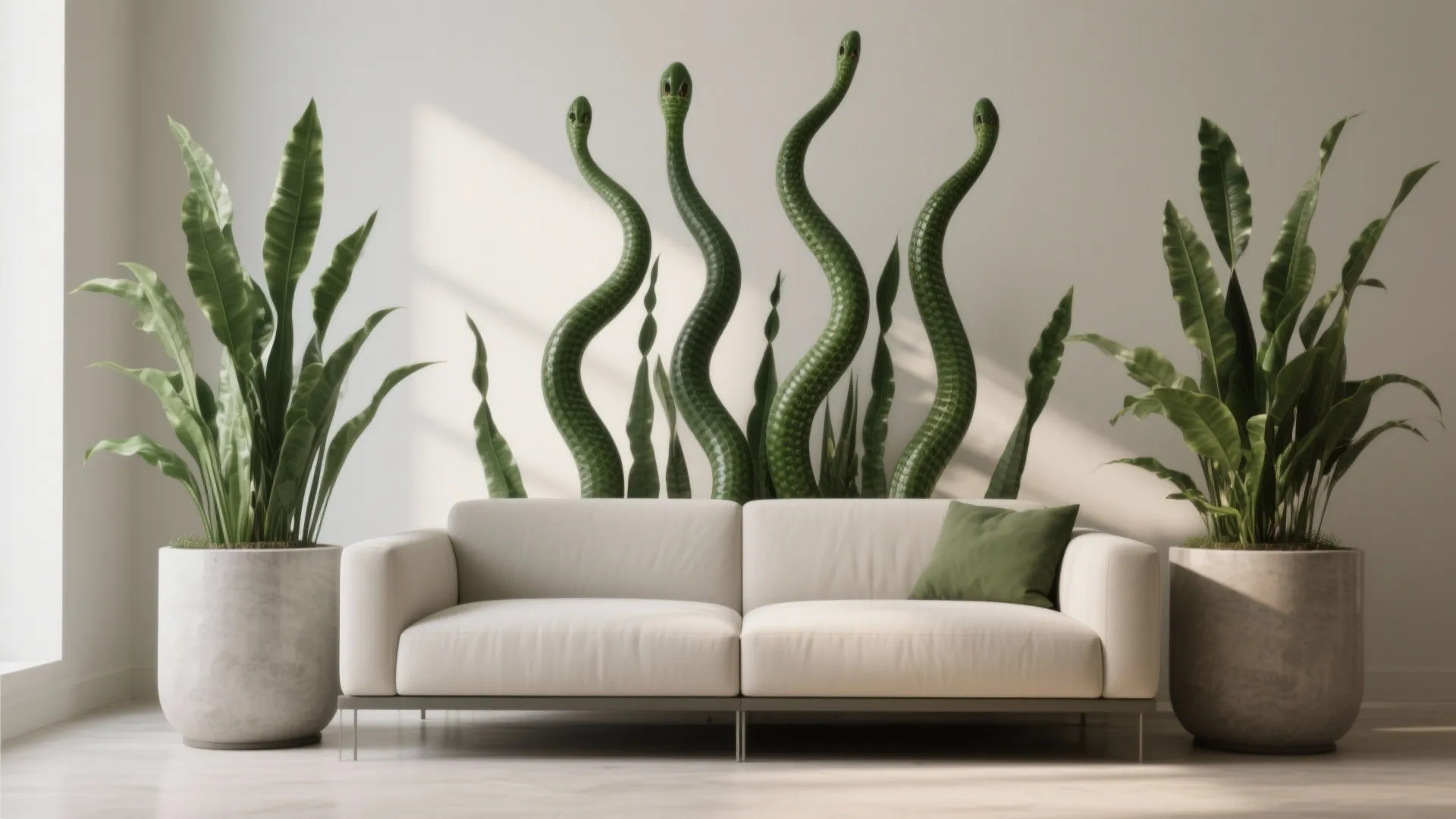 Cluster of snake plants frames a modern sofa, adding green freshness.