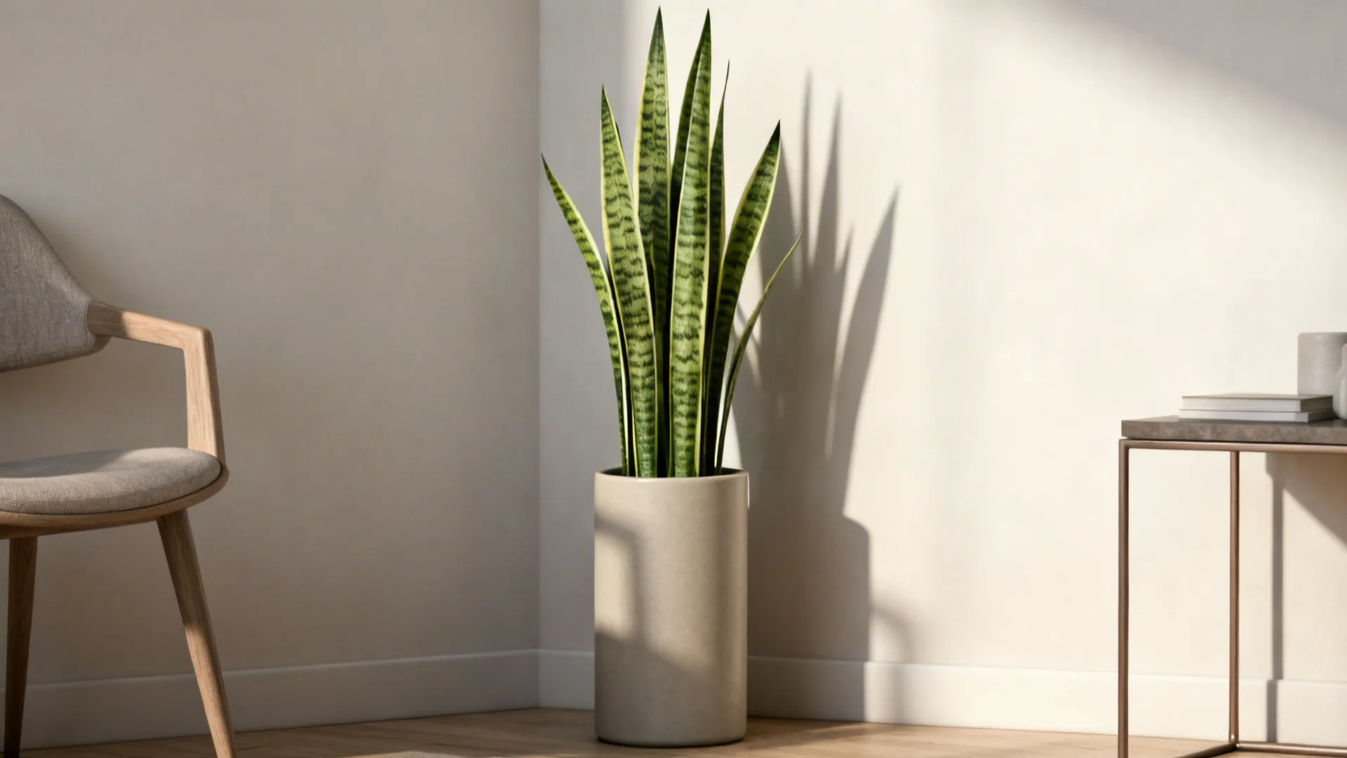 Faux snake plant in a tall matte cylinder pot between a chair and side table