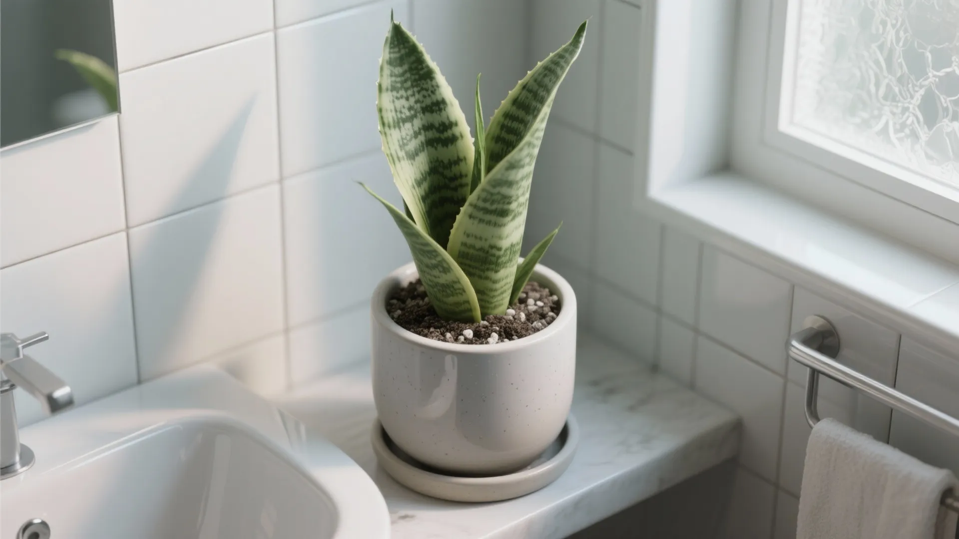 Close up of a snake plant in a white pot sitting on a bathroom counter
