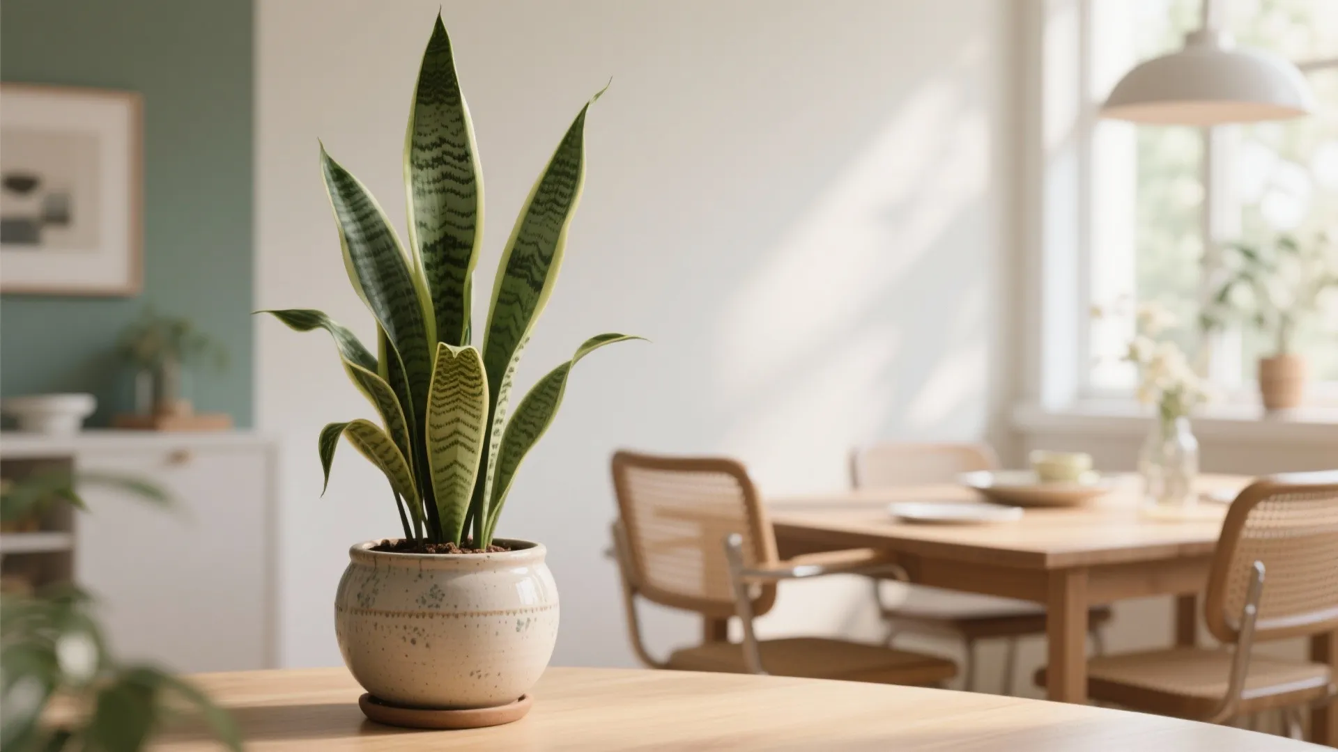 Green snake plant in a ceramic pot on wooden table with dining chairs and light
