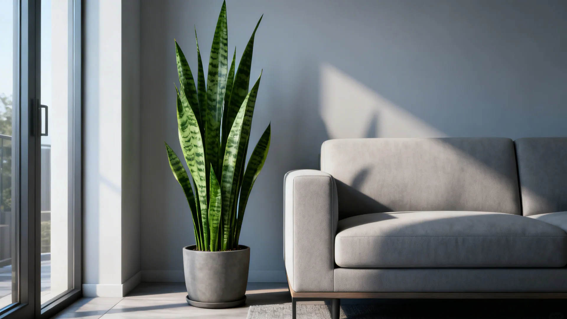 Tall snake plant by a minimalist sofa, lending vertical structure and modern lines.