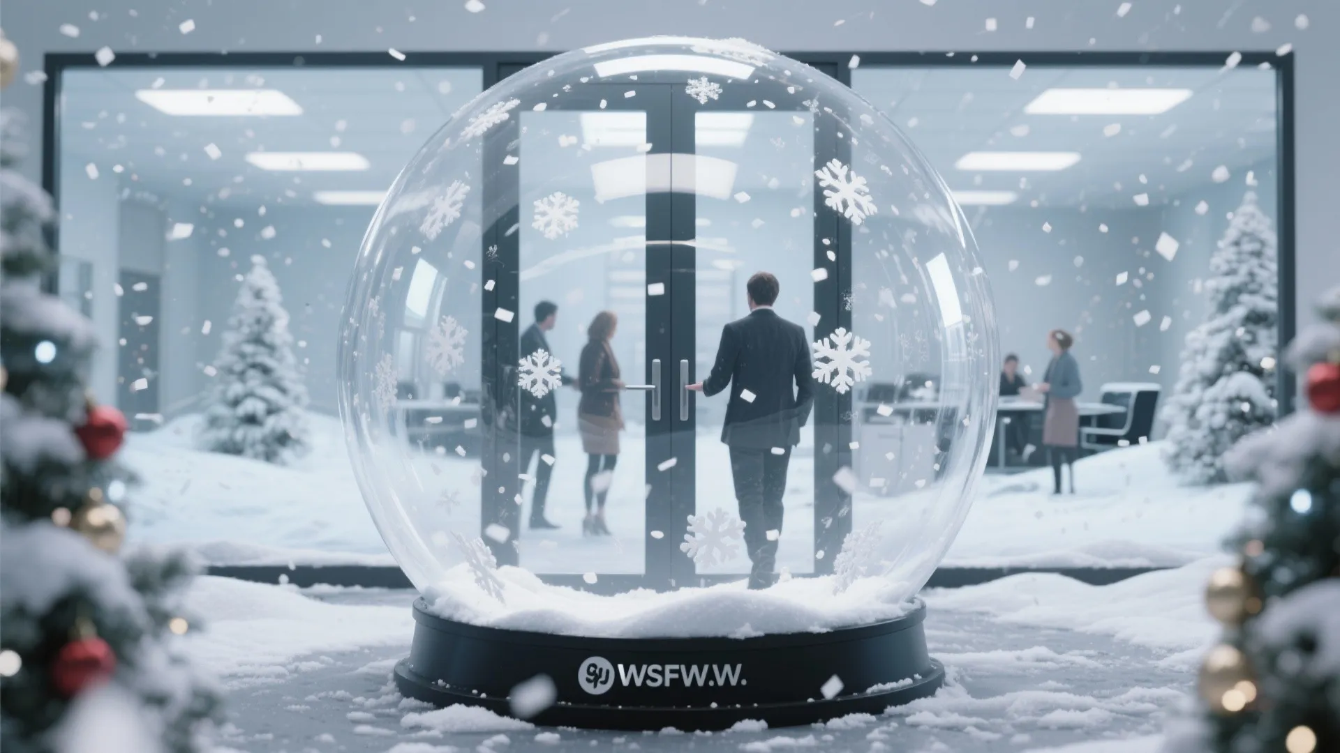 Modern office glass door inside a giant snow globe with snowflakes falling and winter trees