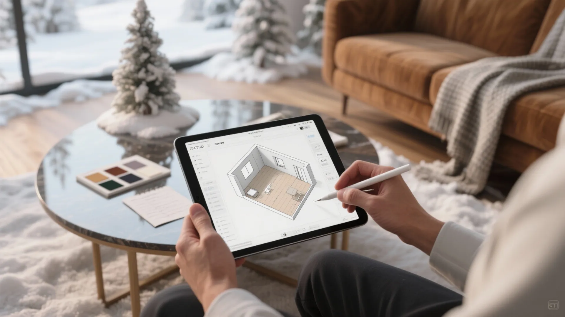 User designing a room layout on a tablet with a stylus in a cozy winter setting